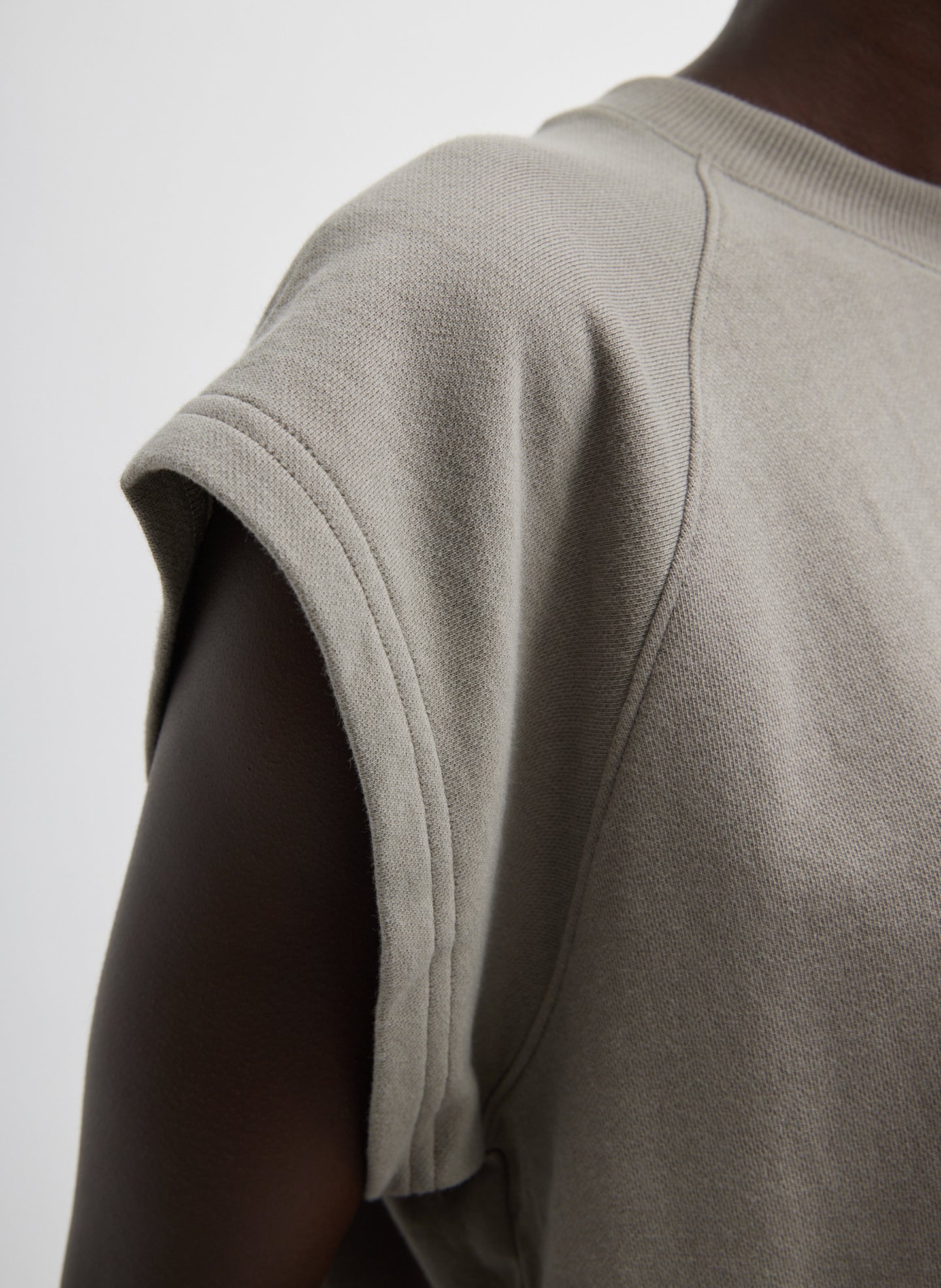 Dark Stone Grey Light Weight Sweatshirting Sleeveless Easy Top - closeup of sleeve detail