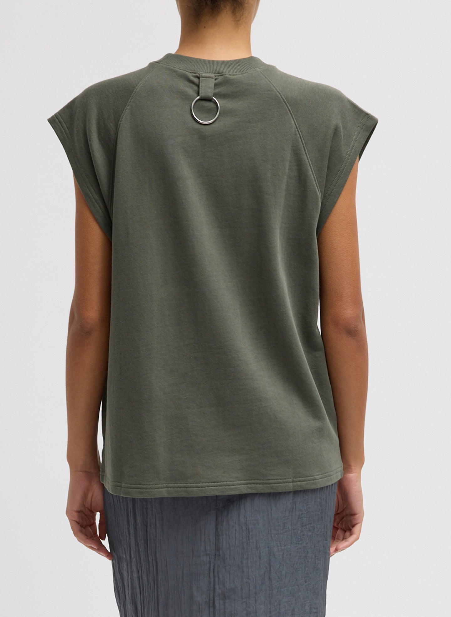 Olive Green Light Weight Sweatshirting Sleeveless Easy Top - back view on model