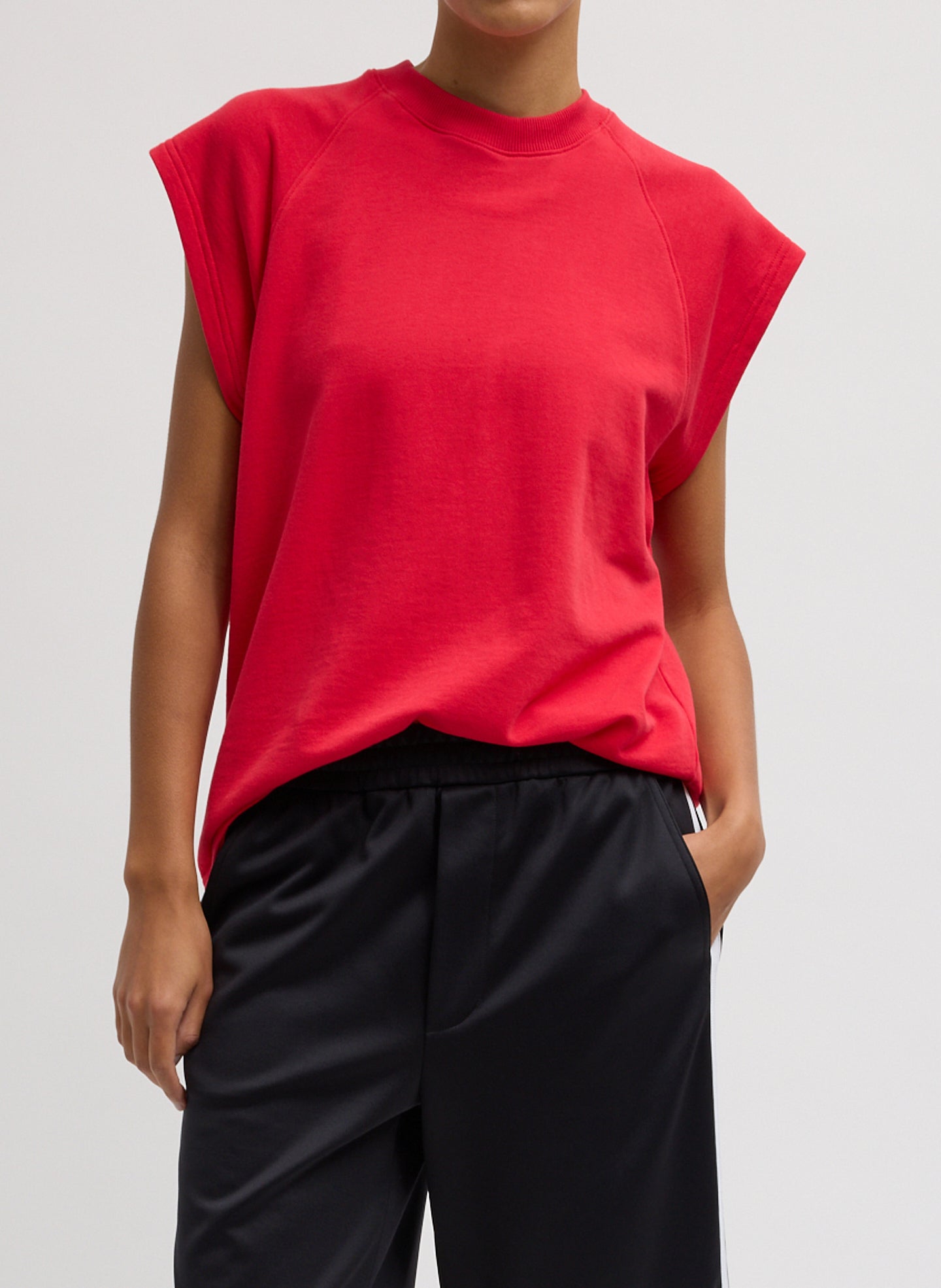 Red Light Weight Sweatshirting Sleeveless Easy Top - front view on model