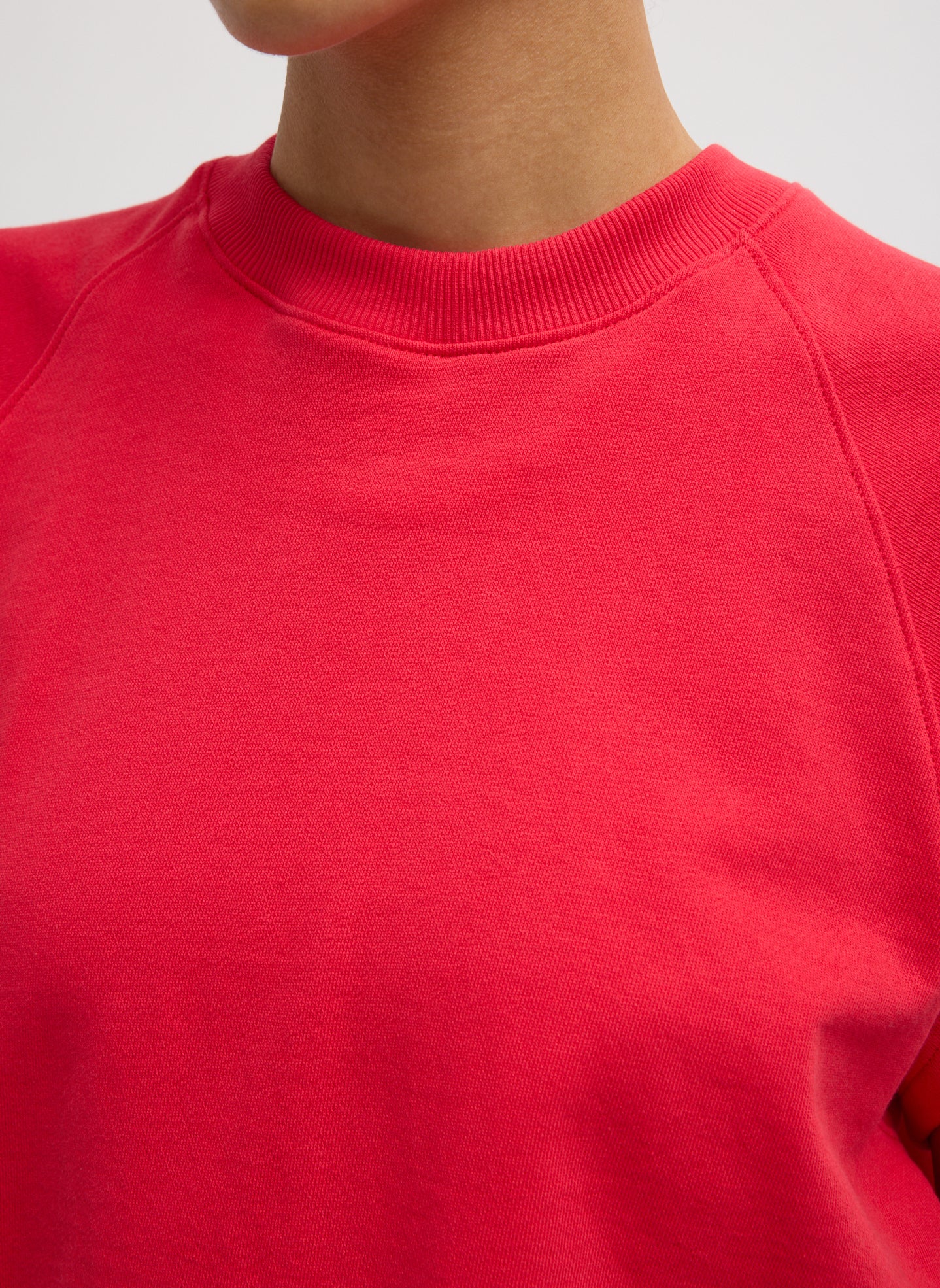 Red Light Weight Sweatshirting Sleeveless Easy Top - closeup of ribbed neckline