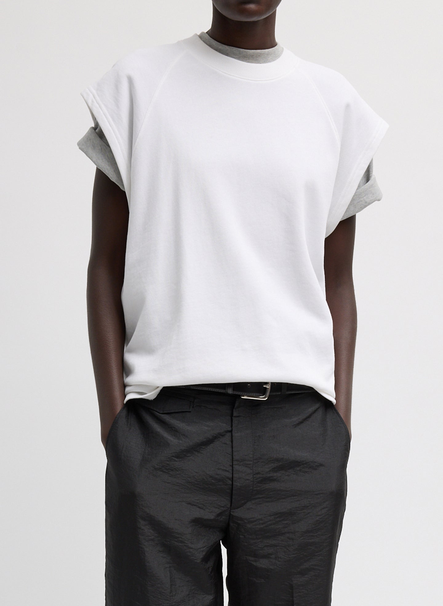 White Light Weight Sweatshirting Sleeveless Easy Top - front view on model
