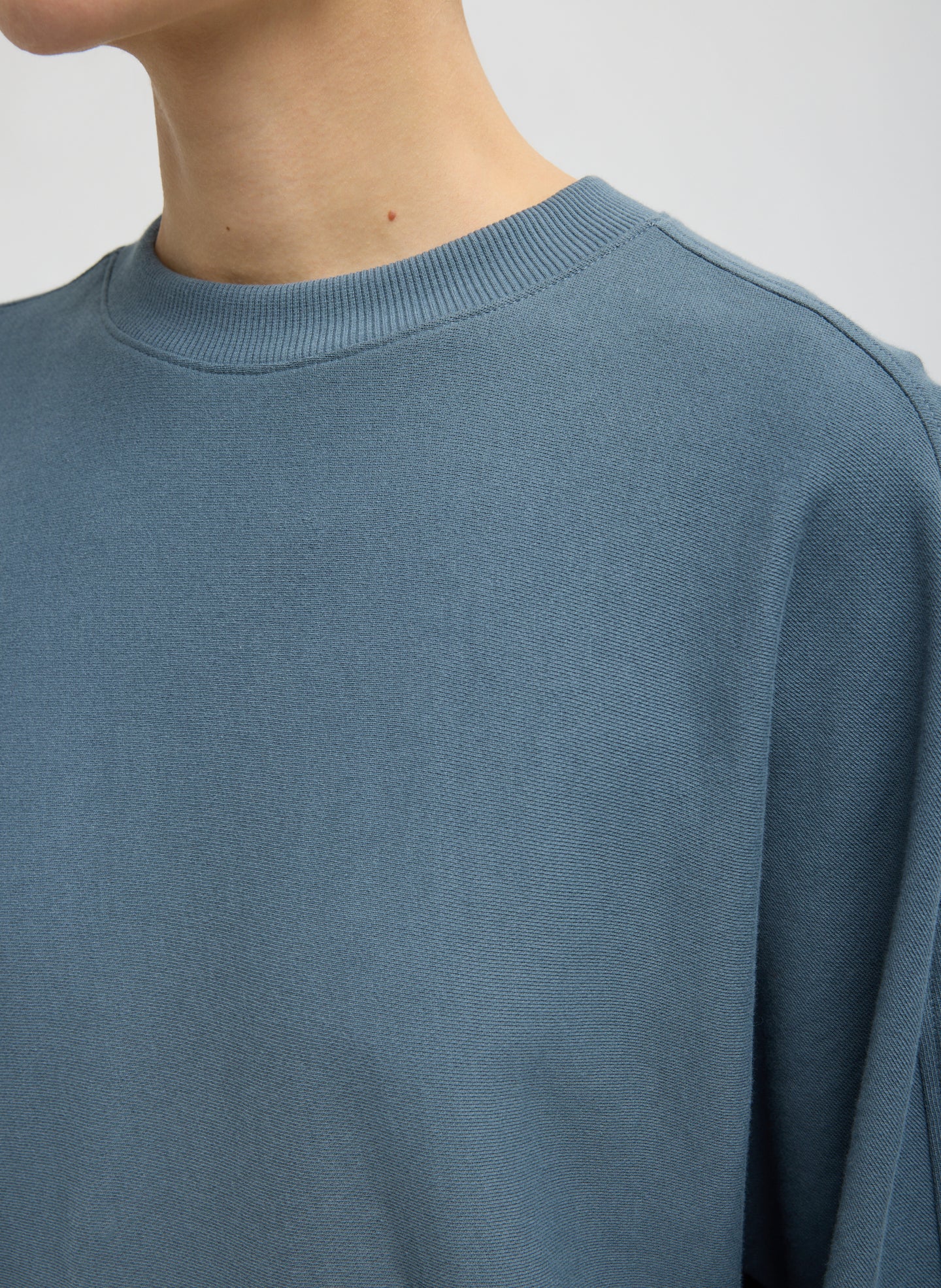 Blue Grey Light Weight Sweatshirting Crewneck Sweatshirt - closeup of neckline