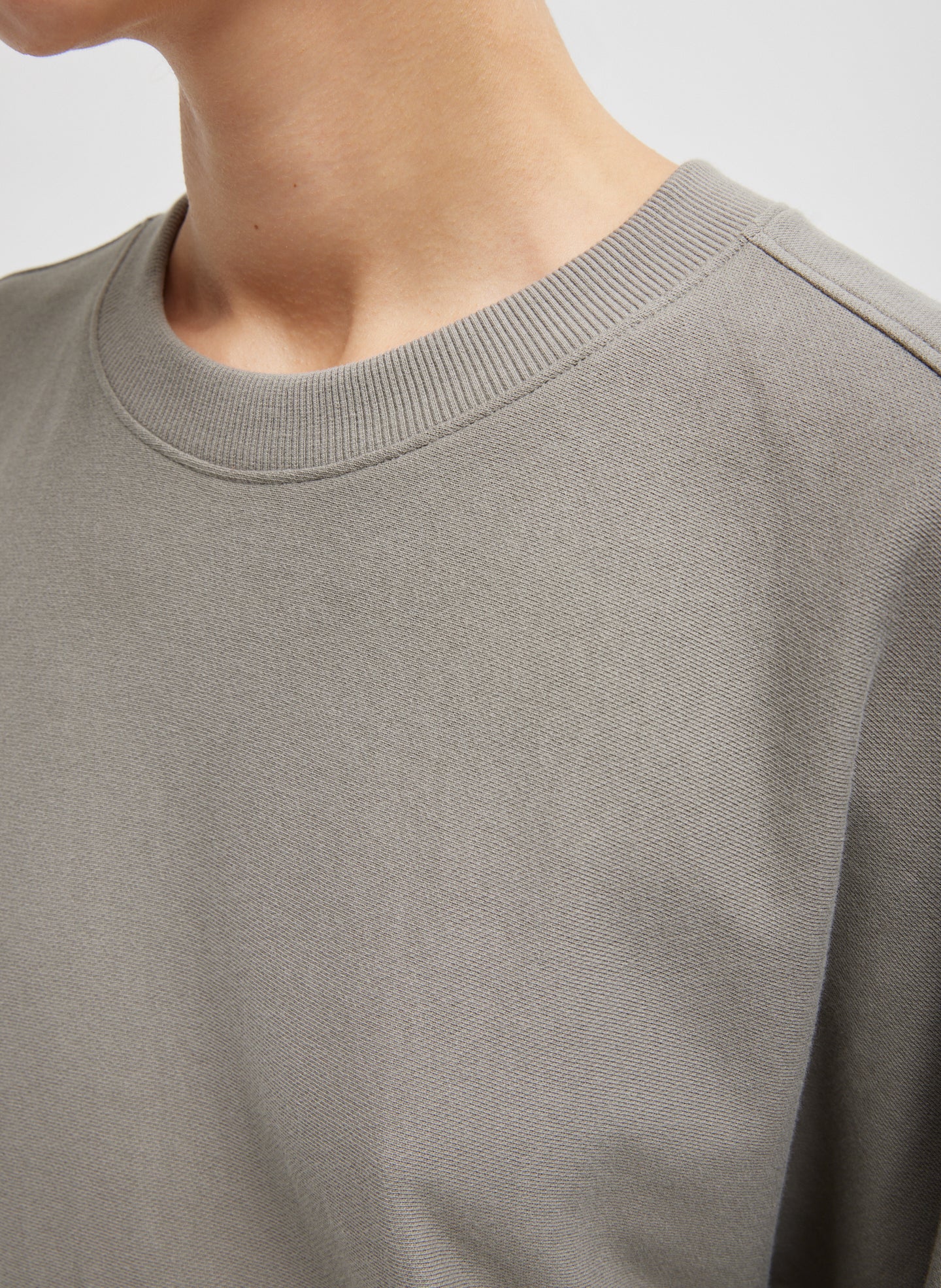 Dark Stone Grey Light Weight Sweatshirting Crewneck Sweatshirt - closeup of neckline