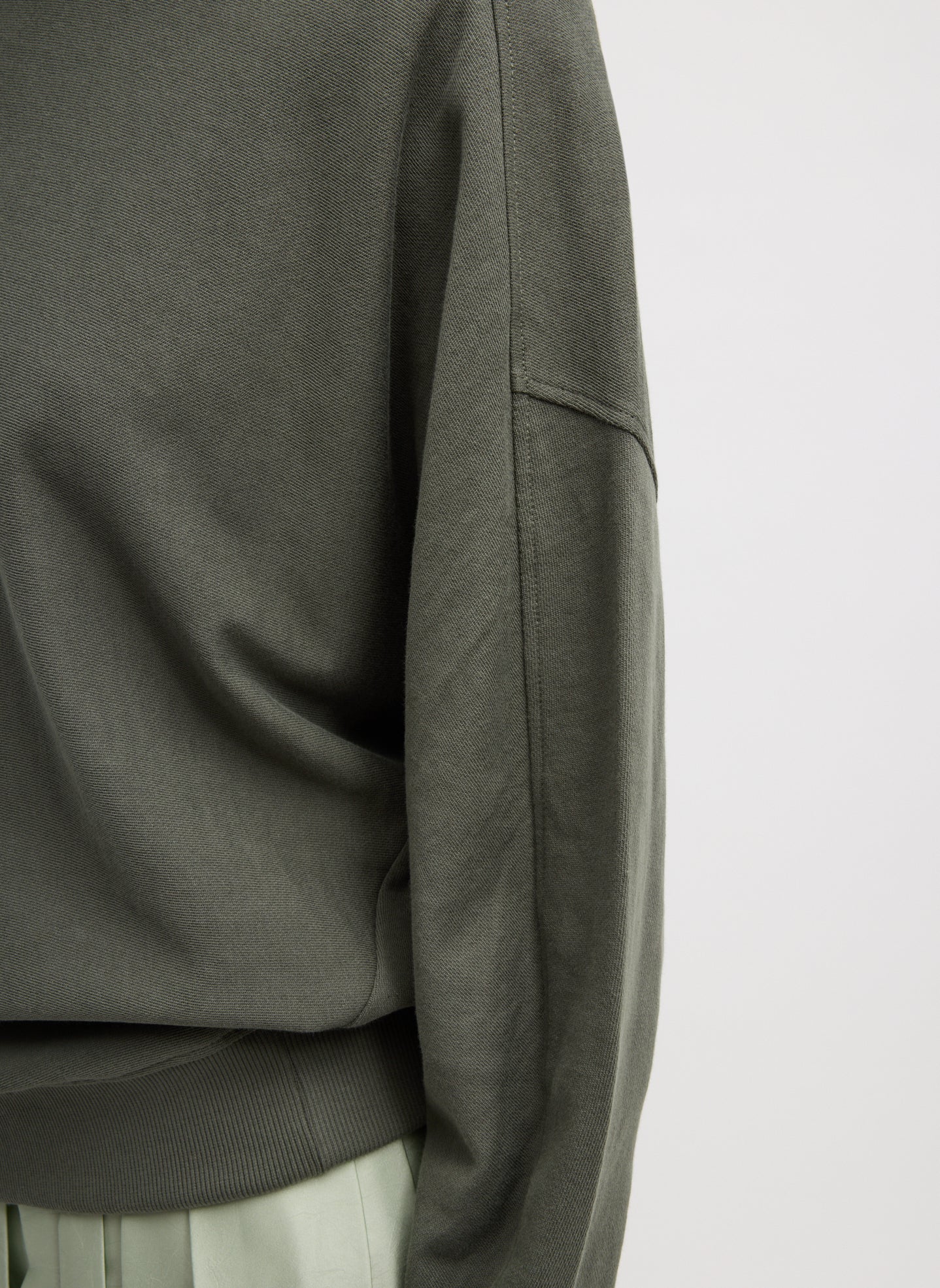 Olive Green Light Weight Sweatshirting Crewneck Sweatshirt - closeup of sleeve
