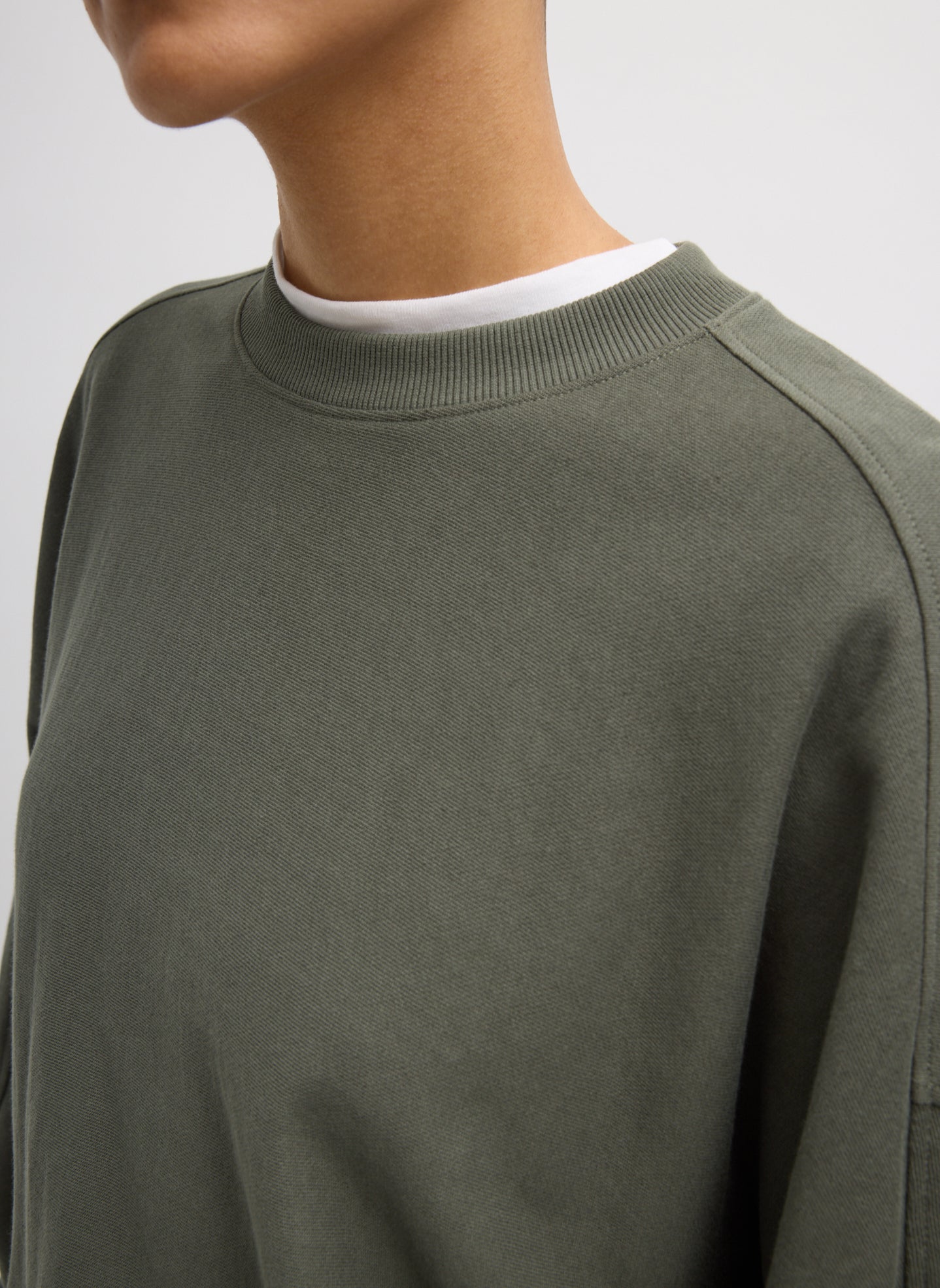Olive Green Light Weight Sweatshirting Crewneck Sweatshirt - closeup of neckline