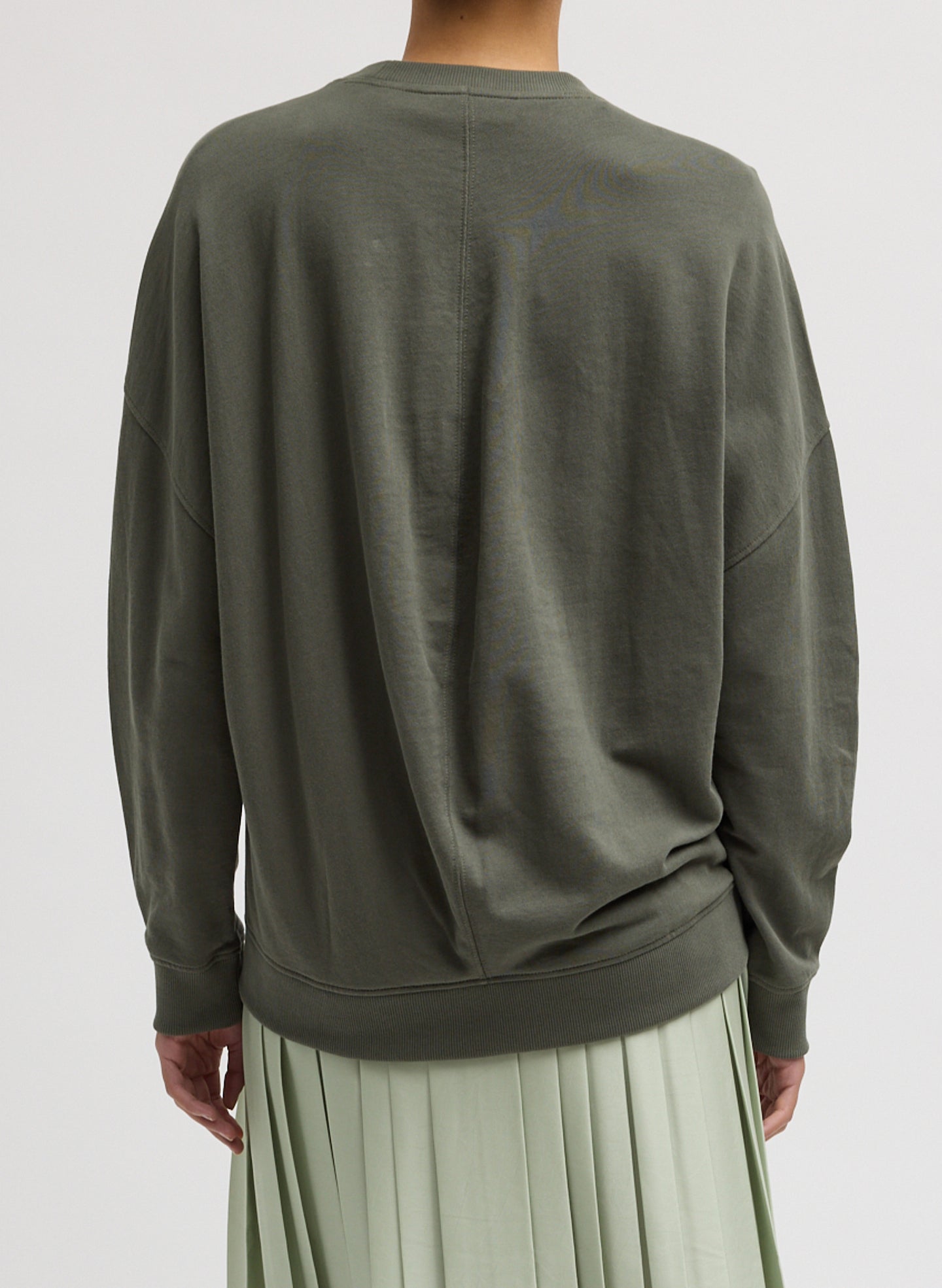 Olive Green Light Weight Sweatshirting Crewneck Sweatshirt - back view on model