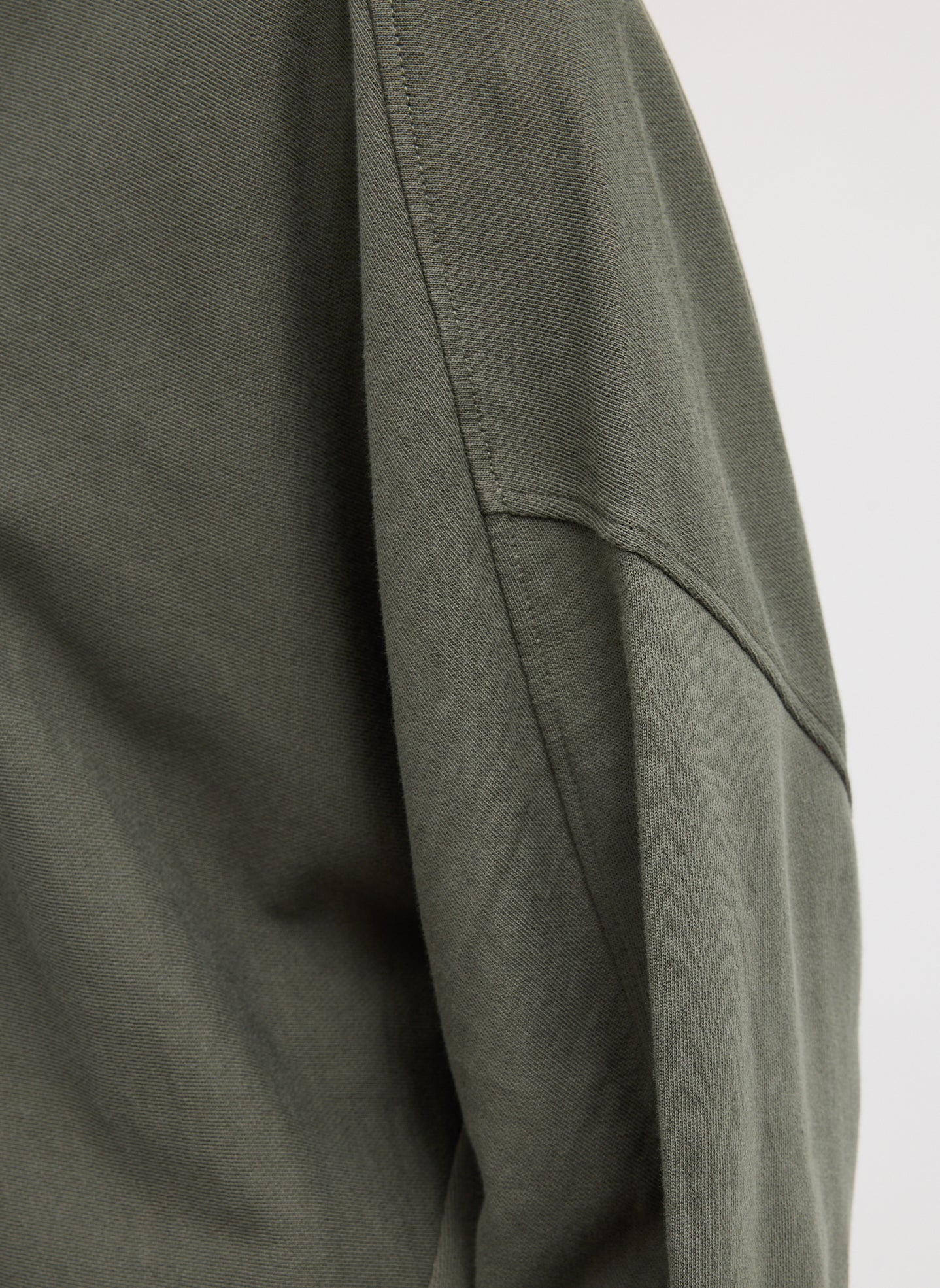 Olive Green Light Weight Sweatshirting Crewneck Sweatshirt - closeup of seam details
