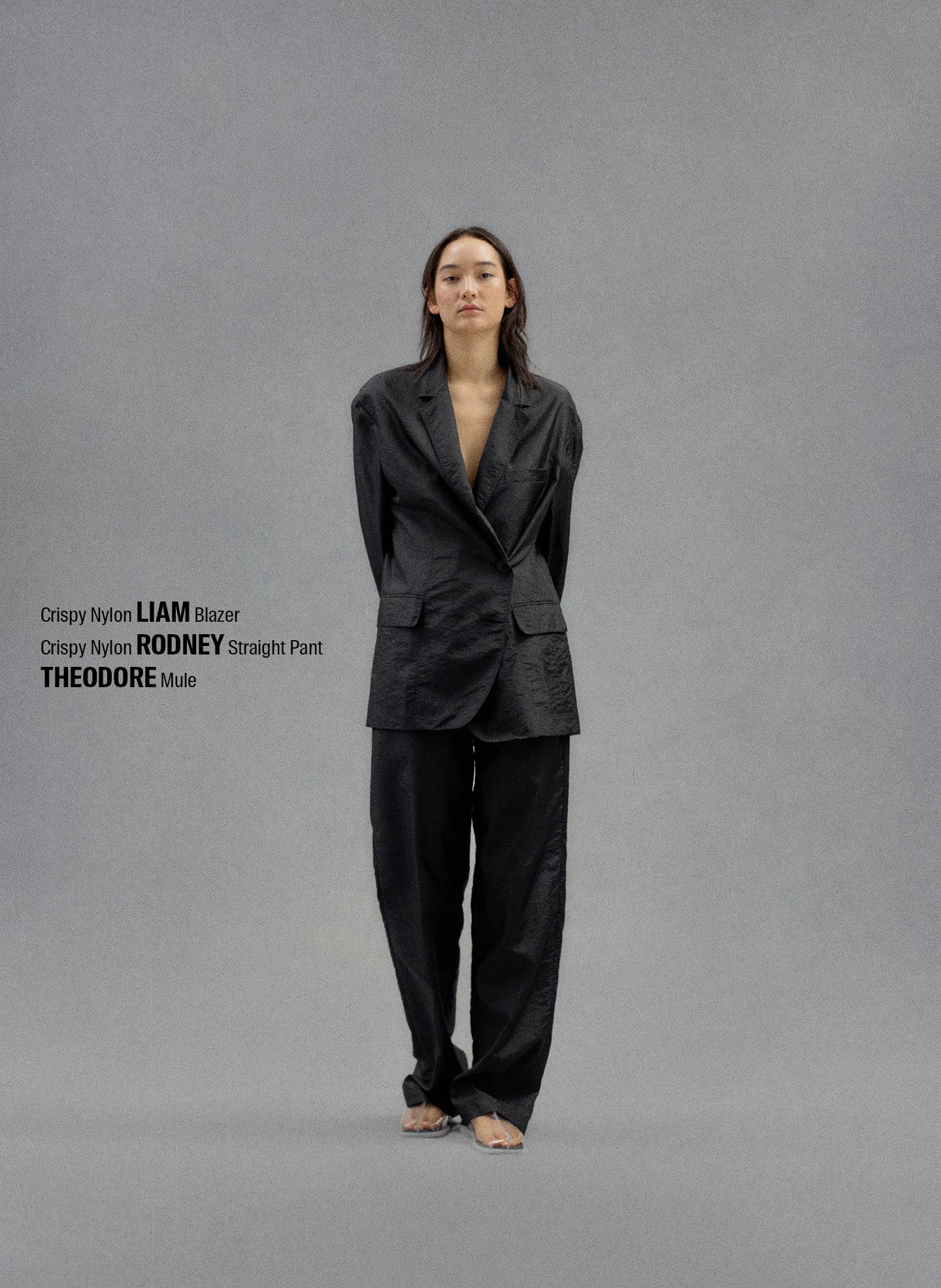 Black Crispy Nylon Rodney Trouser - editorial campaign on model