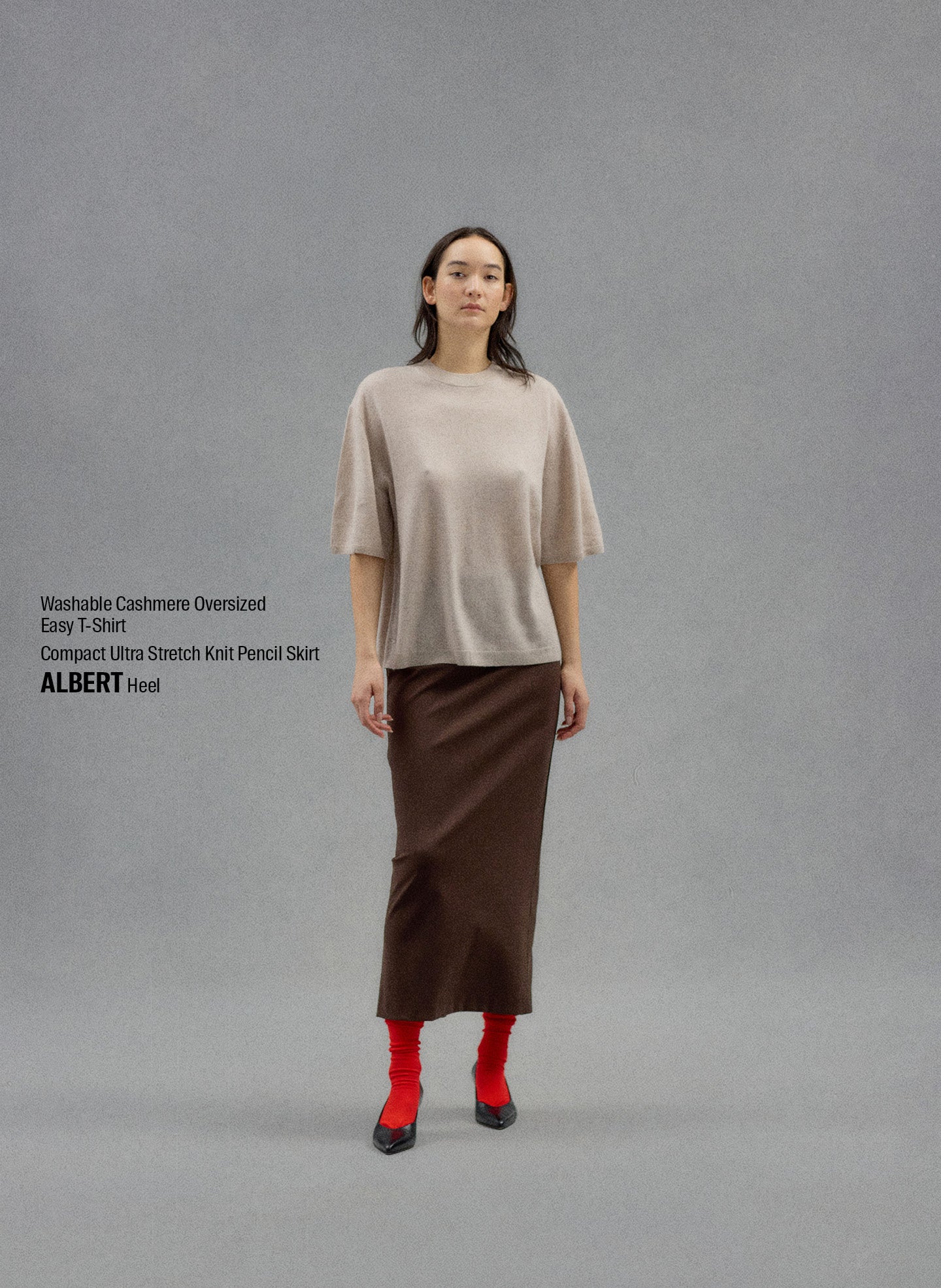 Oatmeal Melange Washable Cashmere Oversized Easy T-Shirt - editorial campaign on model