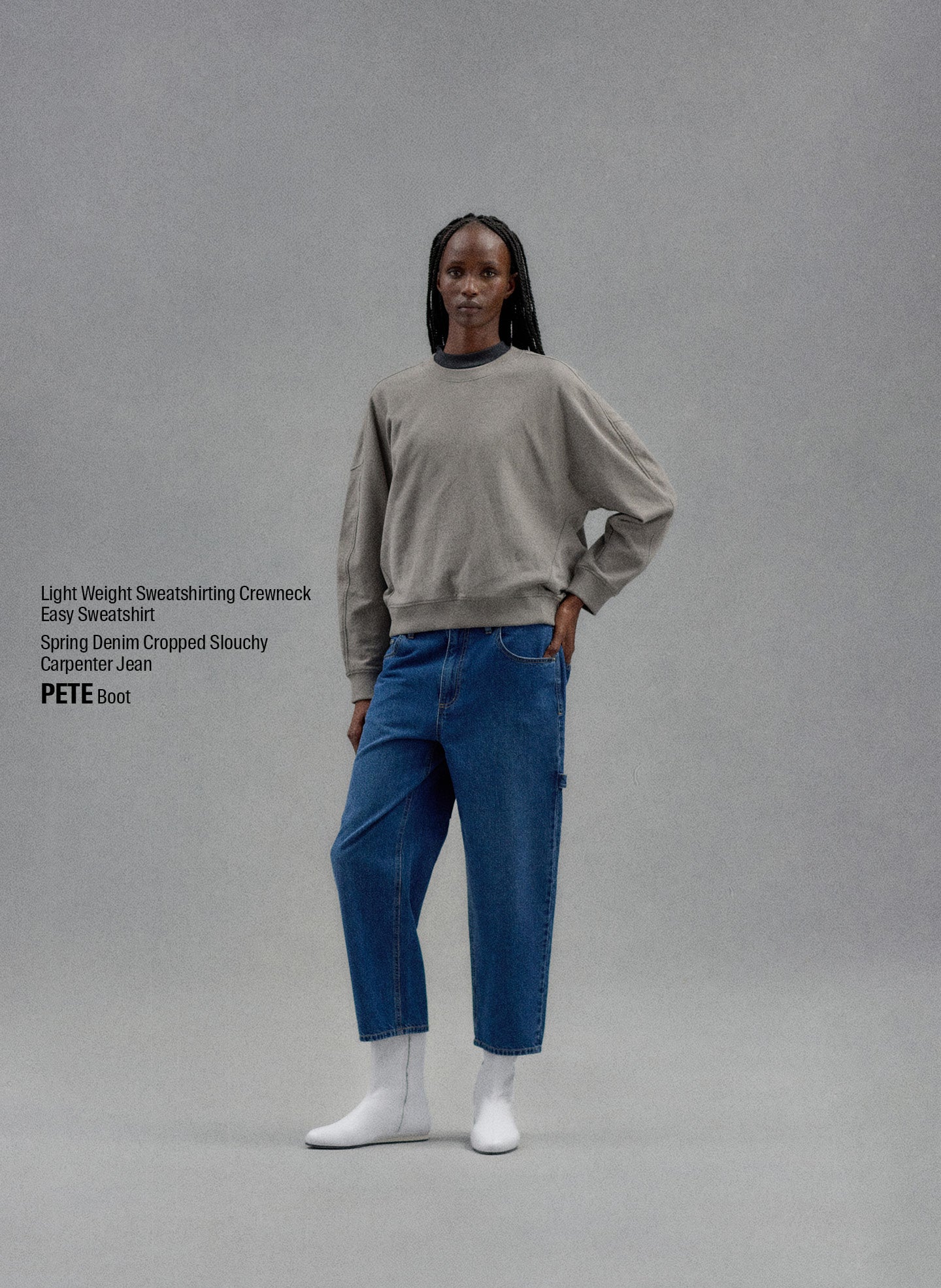Dark Stone Grey Light Weight Sweatshirting Crewneck Sweatshirt - editorial campaign on model