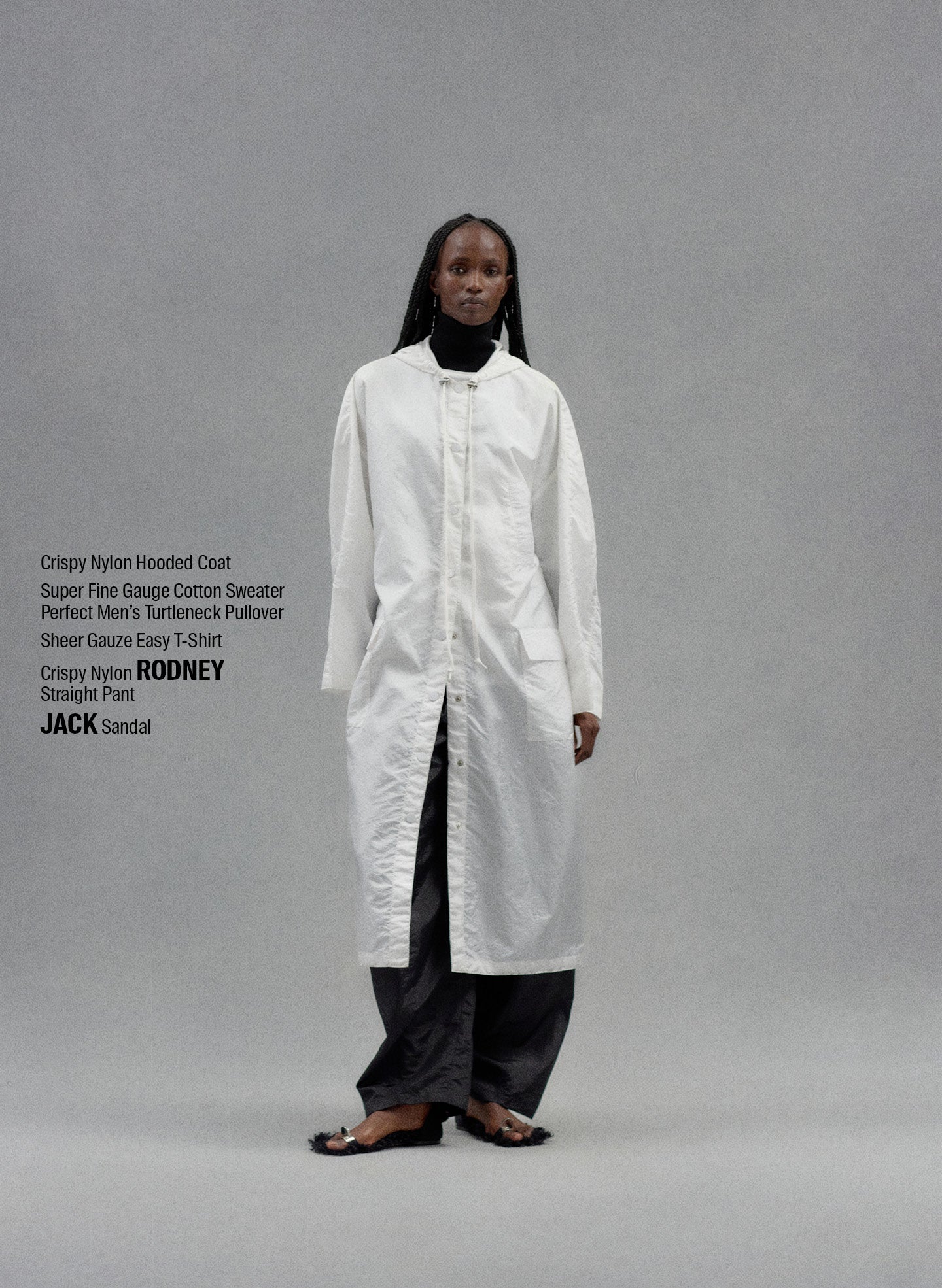 White Crispy Nylon Hooded Coat- editorial campaign on model
