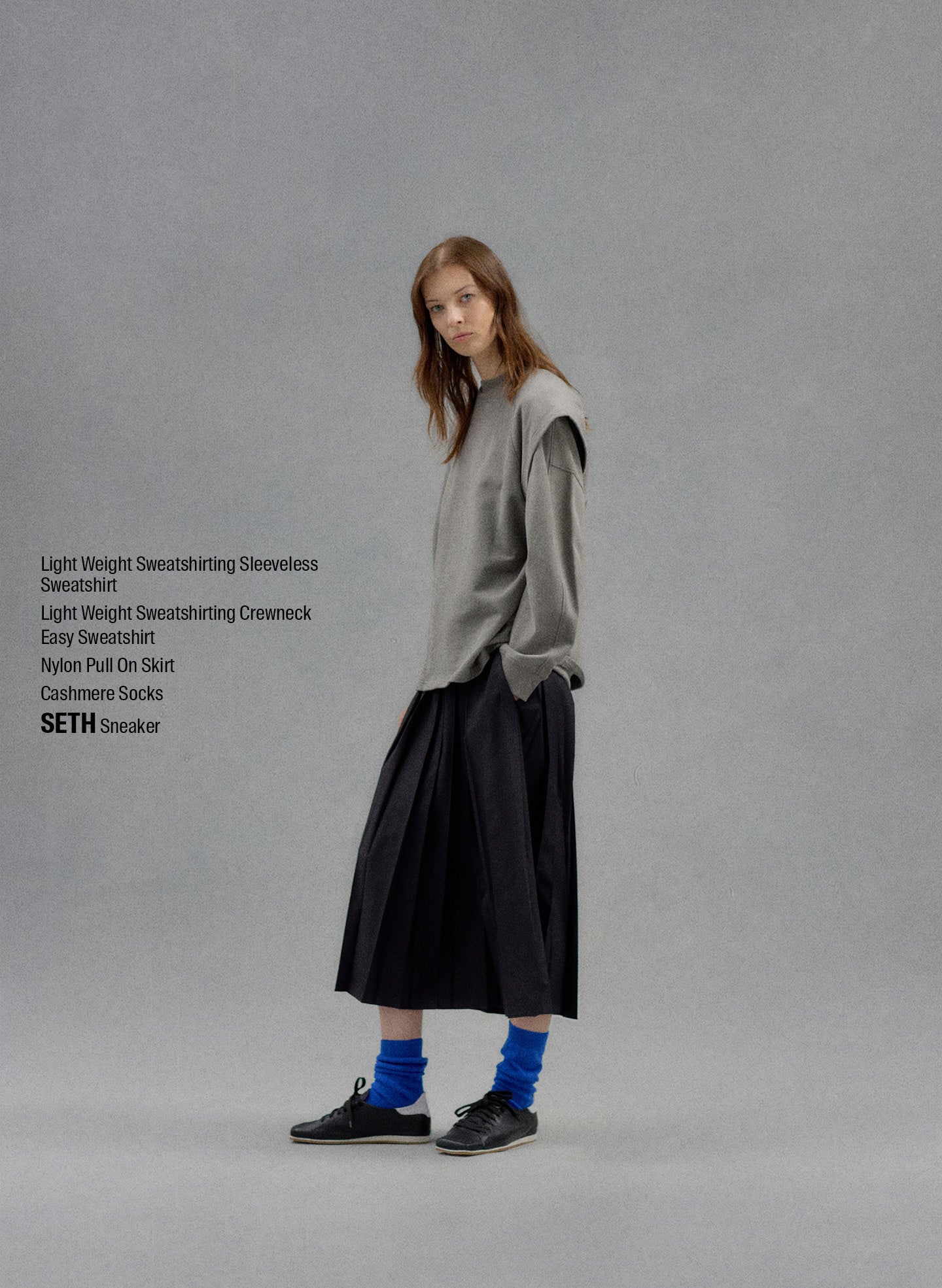 Dark Stone Grey Light Weight Sweatshirting Sleeveless Easy Top - editorial campaign on model