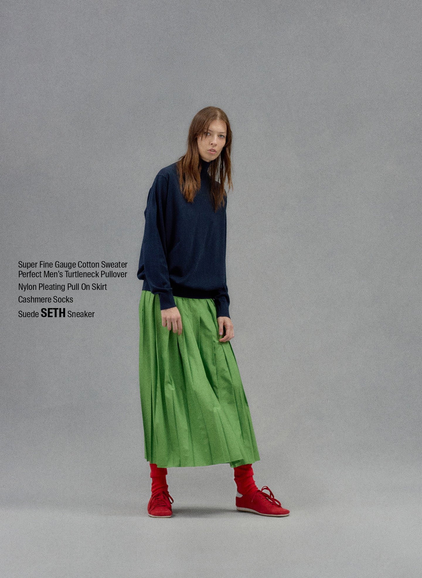 Lime Green Nylon Pleated Pull On Skirt - editorial campaign on model