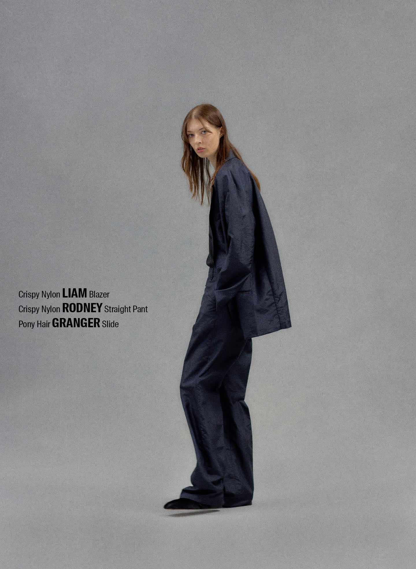 Navy Crispy Nylon Rodney Trouser - editorial campaign on model