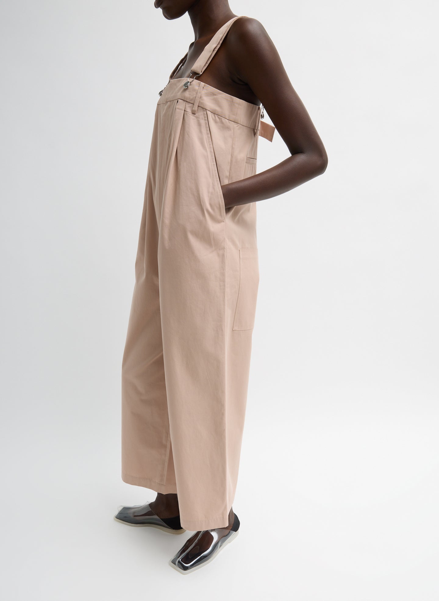 Cameo Pink Bio Twill Overall Wide Leg Pant - jumpsuit, side view on model