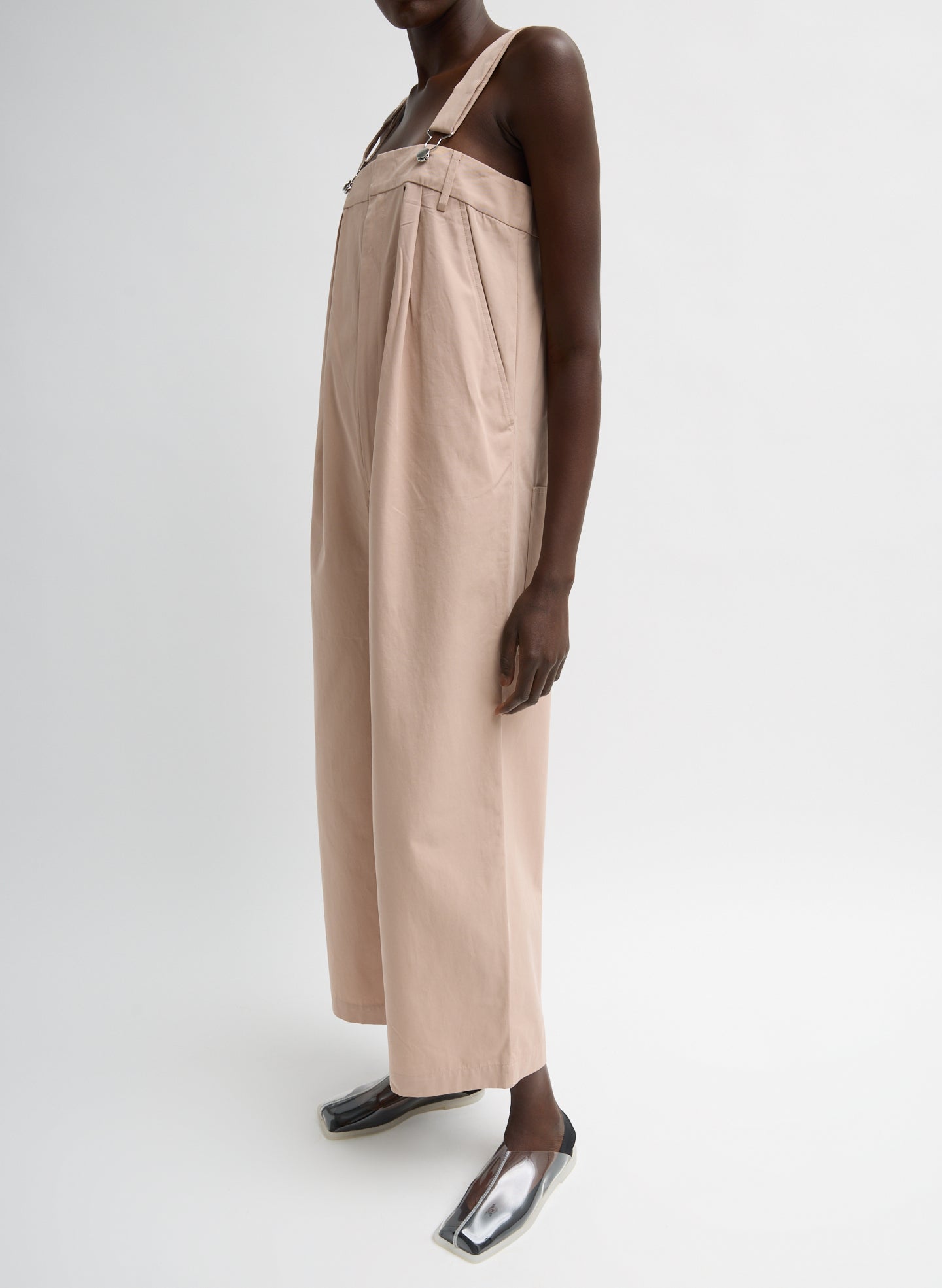 Cameo Pink Bio Twill Overall Wide Leg Pant - jumpsuit, side view on model