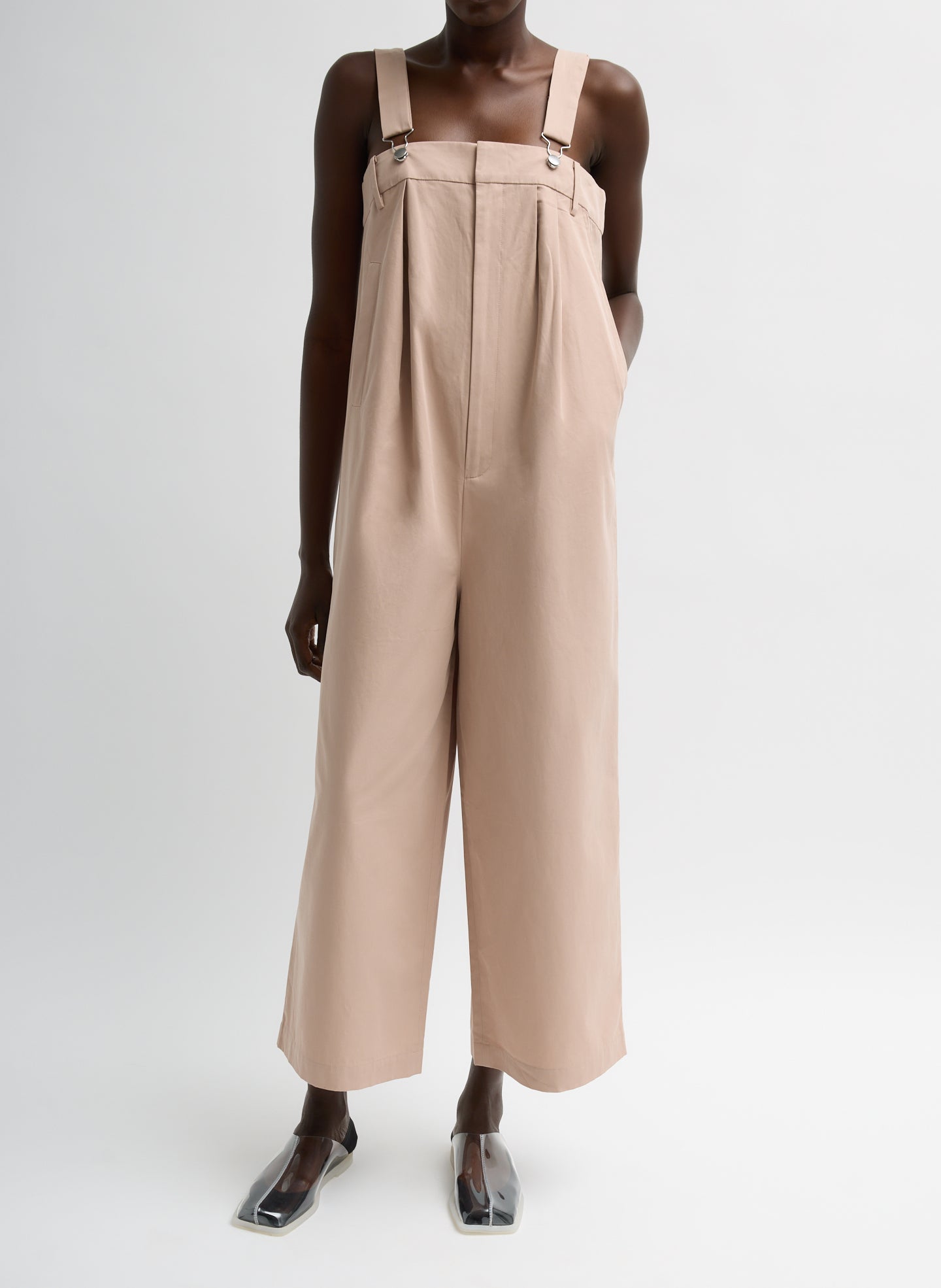 Cameo Pink Bio Twill Overall Wide Leg Pant - jumpsuit, front view on model
