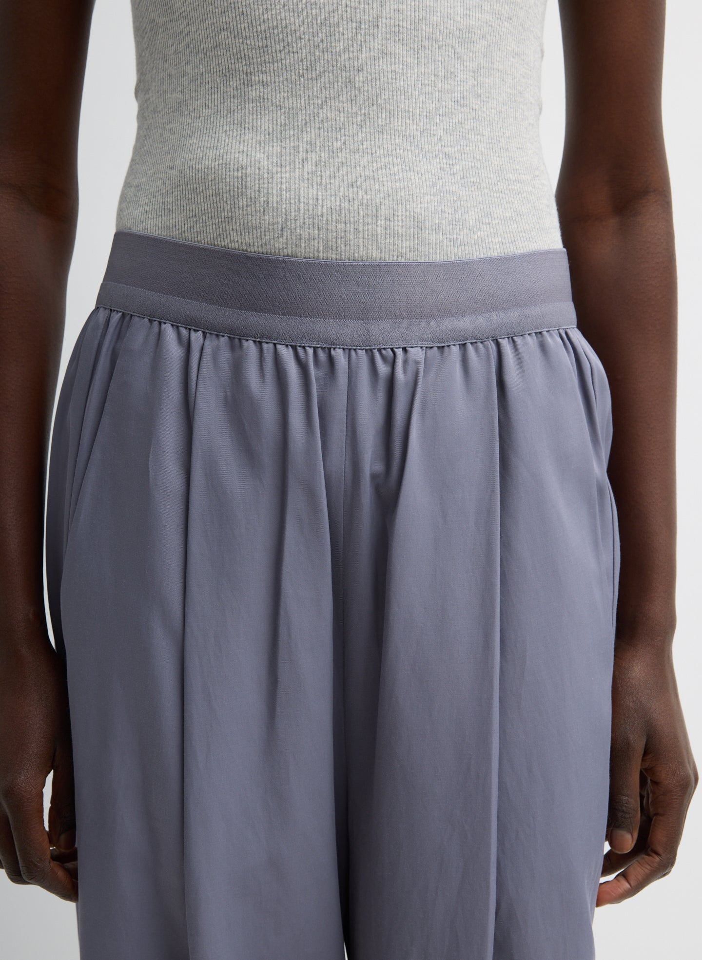 Deep Violet Purple Drapey Suiting Marit Pull On Pant - closeup of waistband detail