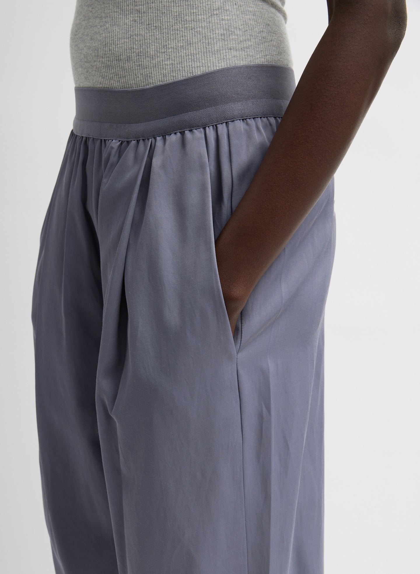 Deep Violet Purple Drapey Suiting Marit Pull On Pant - closeup of side pocket detail