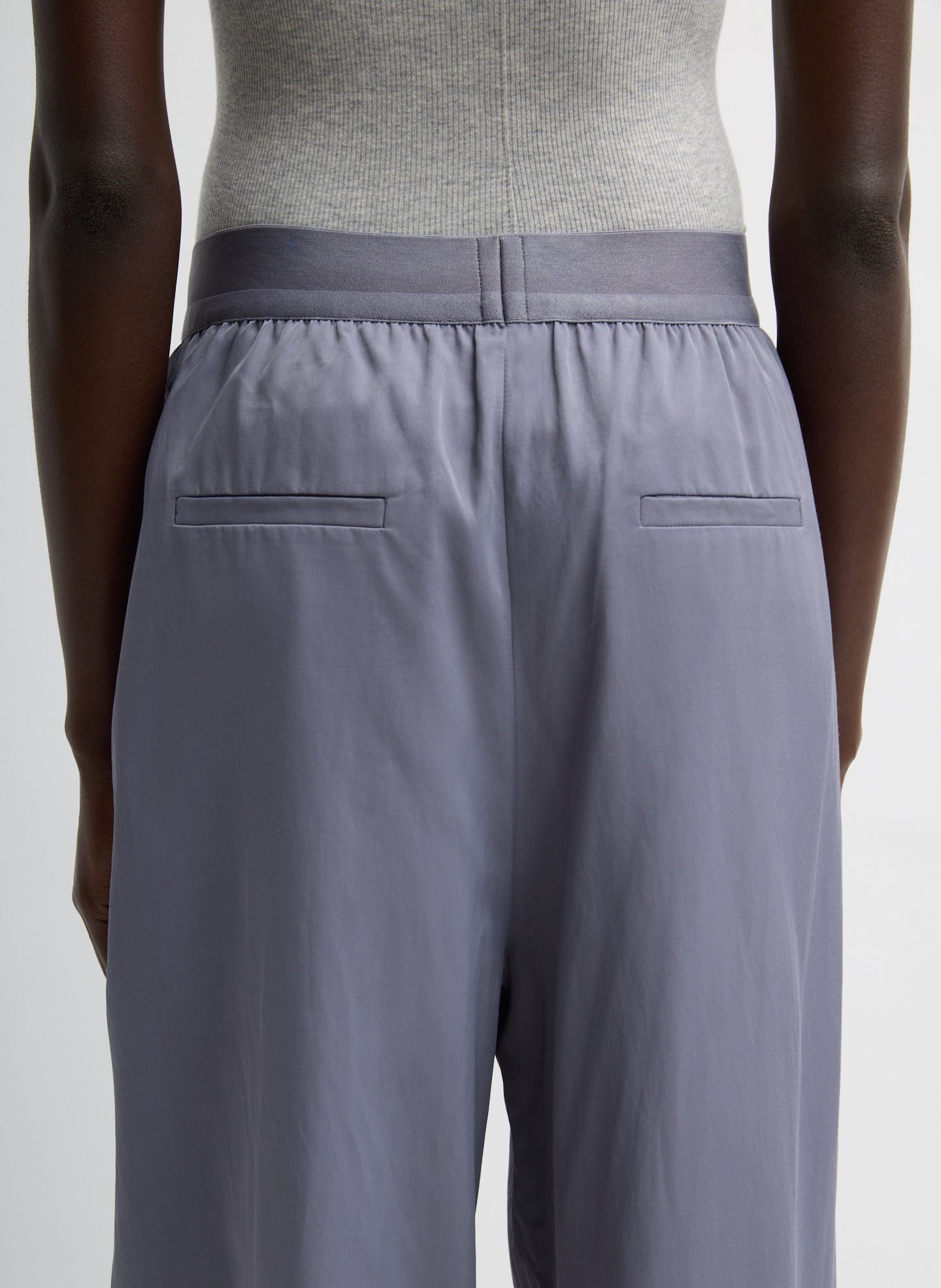 Deep Violet Purple Drapey Suiting Marit Pull On Pant - closeup of back pocket details