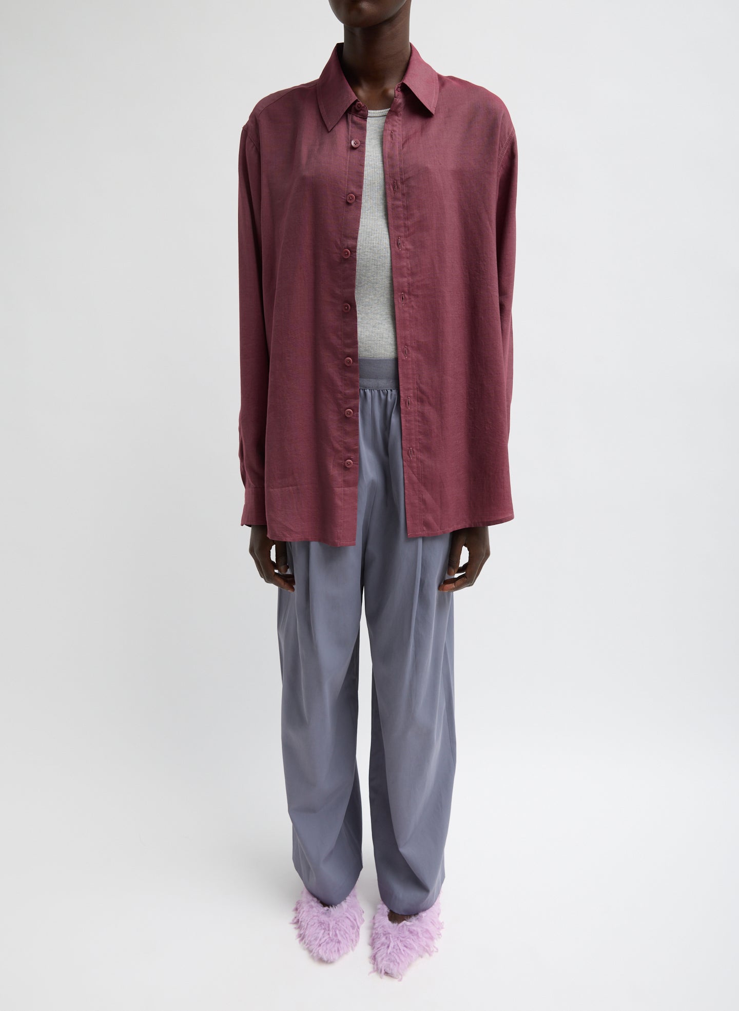 Deep Violet Purple Drapey Suiting Marit Pull On Pant - pull on trousers, front view on model