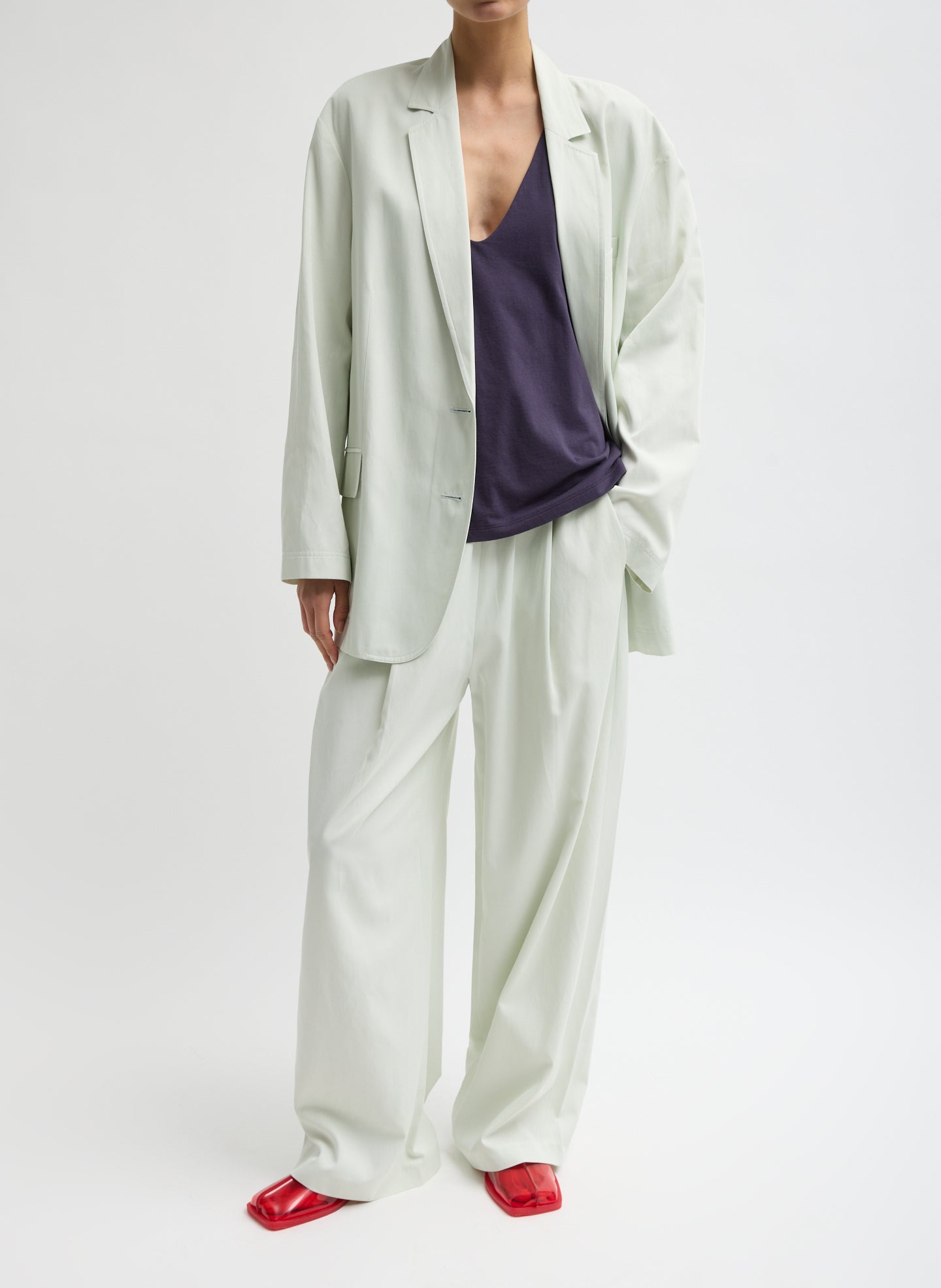 Faded Pale Green Drapey Suiting Marit Pull On Pant - pull on trousers, front view on model