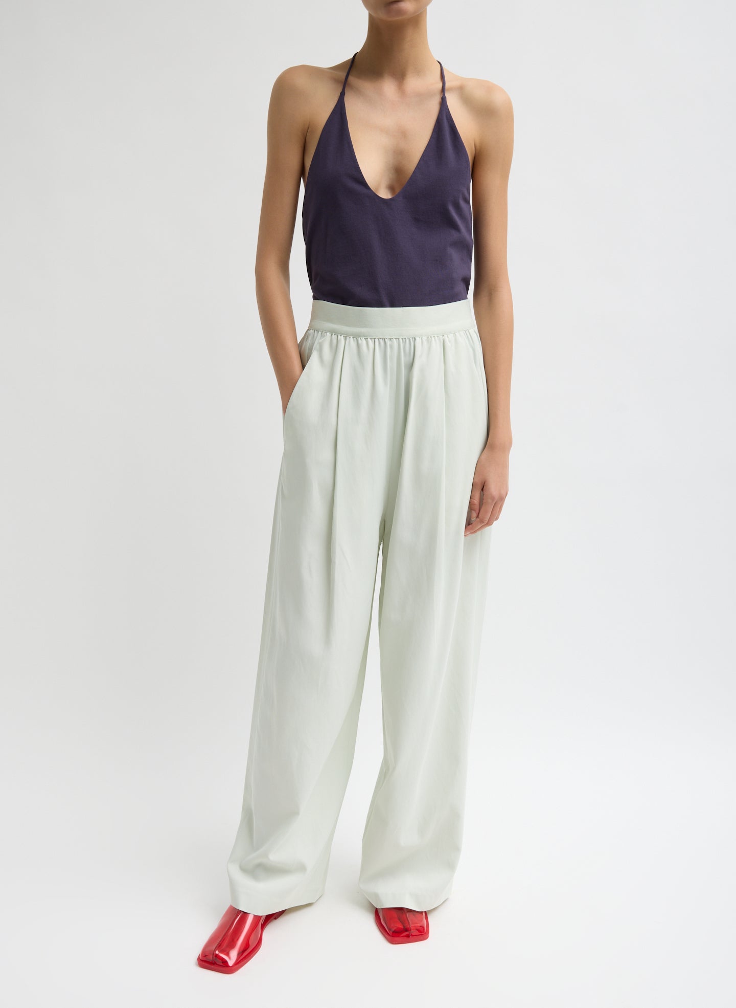 Faded Pale Green Drapey Suiting Marit Pull On Pant - pull on trousers, front view on model