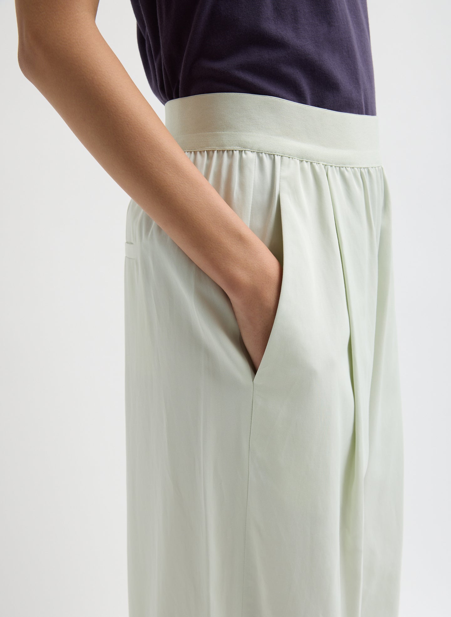 Faded Pale Green Drapey Suiting Marit Pull On Pant - closeup of side pocket detail