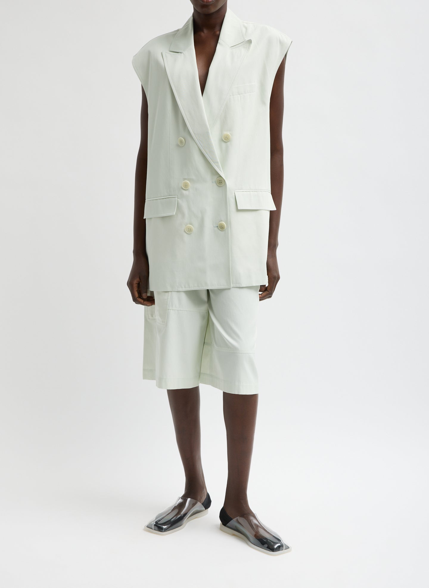 Faded Light Green Drapey Suiting Oversized Double Breasted Vest - front view on model