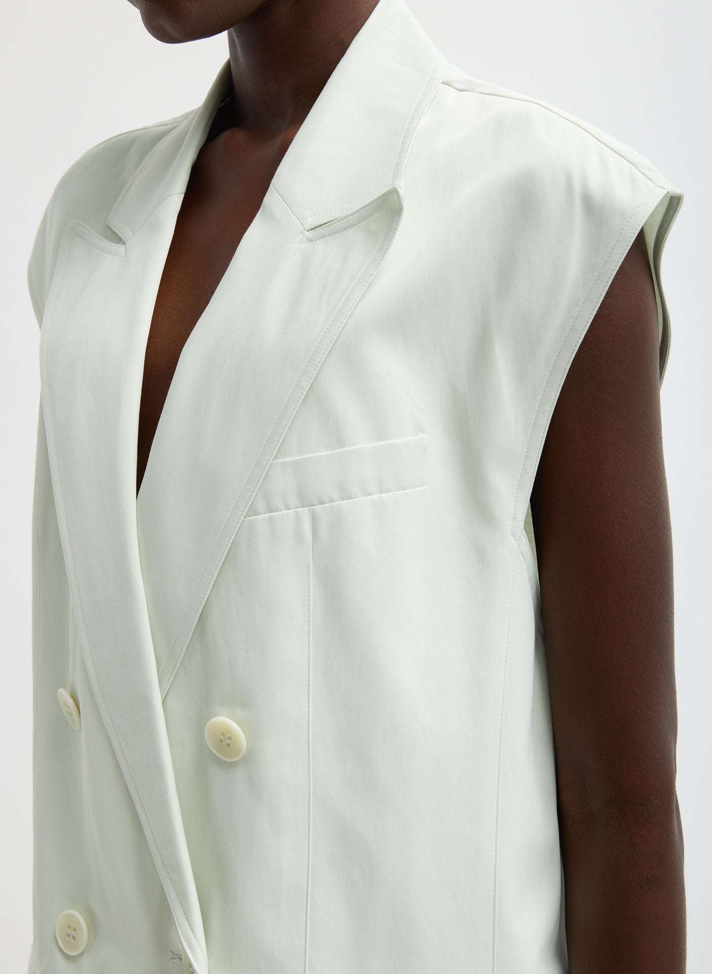 Faded Light Green Drapey Suiting Oversized Double Breasted Vest - closeup of collar detail