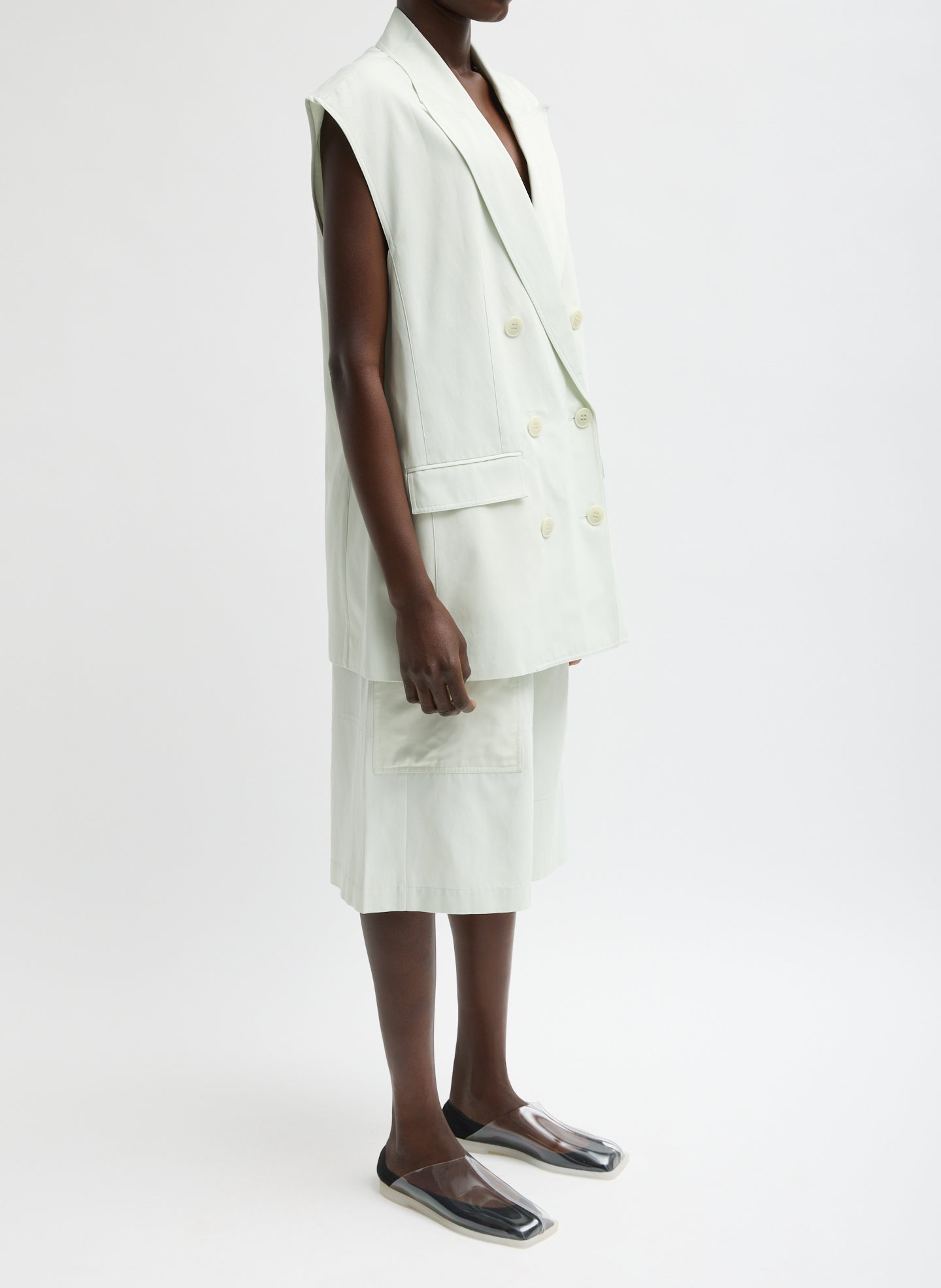 Faded Light Green Drapey Suiting Oversized Double Breasted Vest - side view on model