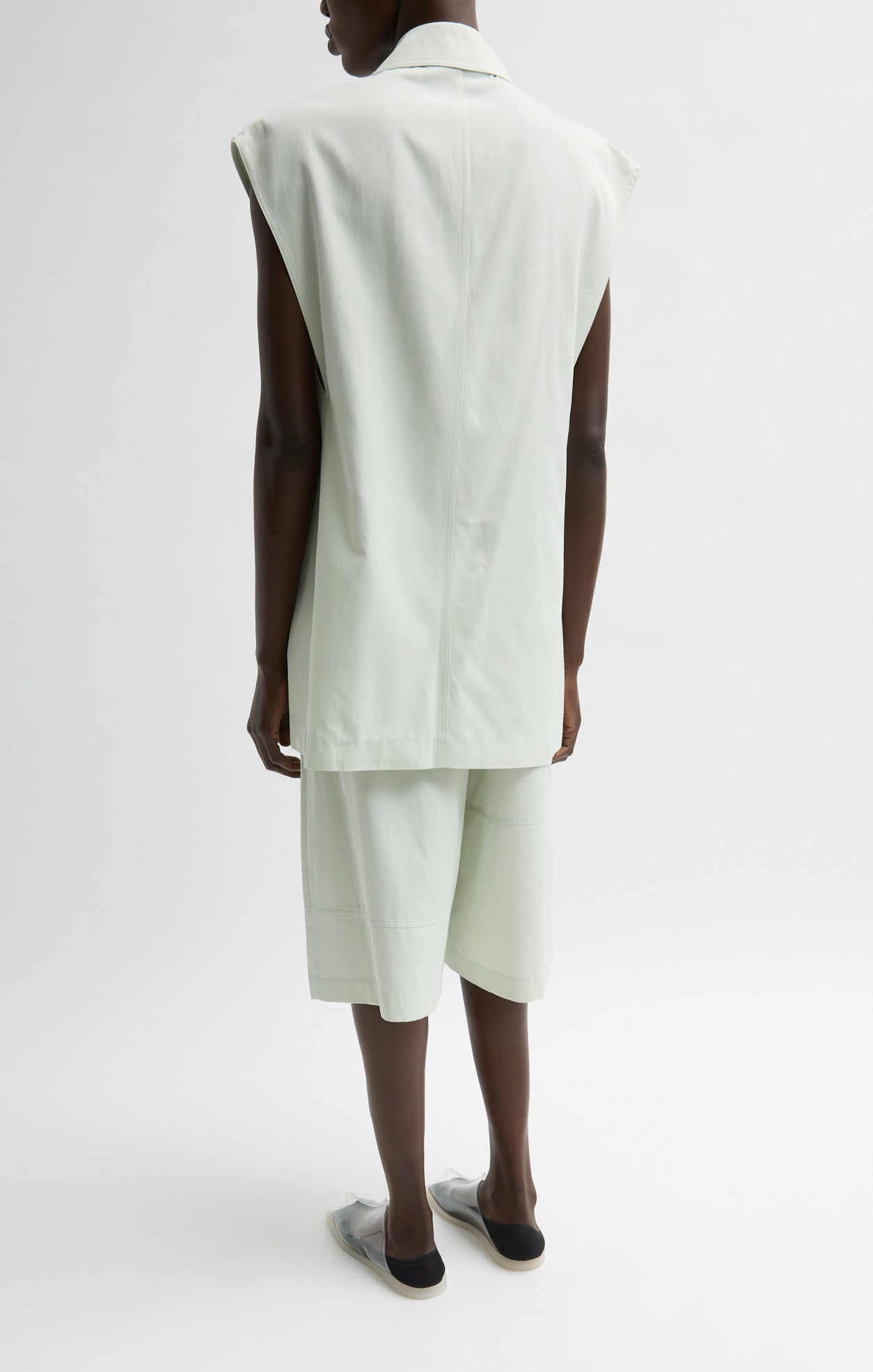 Faded Light Green Drapey Suiting Oversized Double Breasted Vest - back view on model