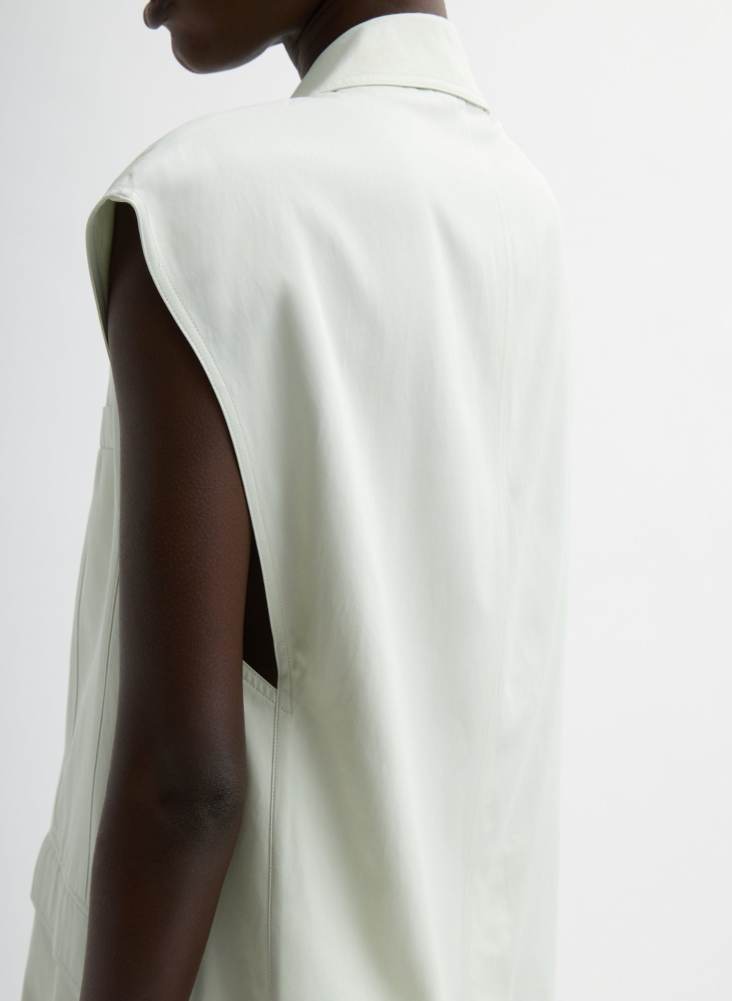 Faded Light Green Drapey Suiting Oversized Double Breasted Vest - closeup of sleeve detail