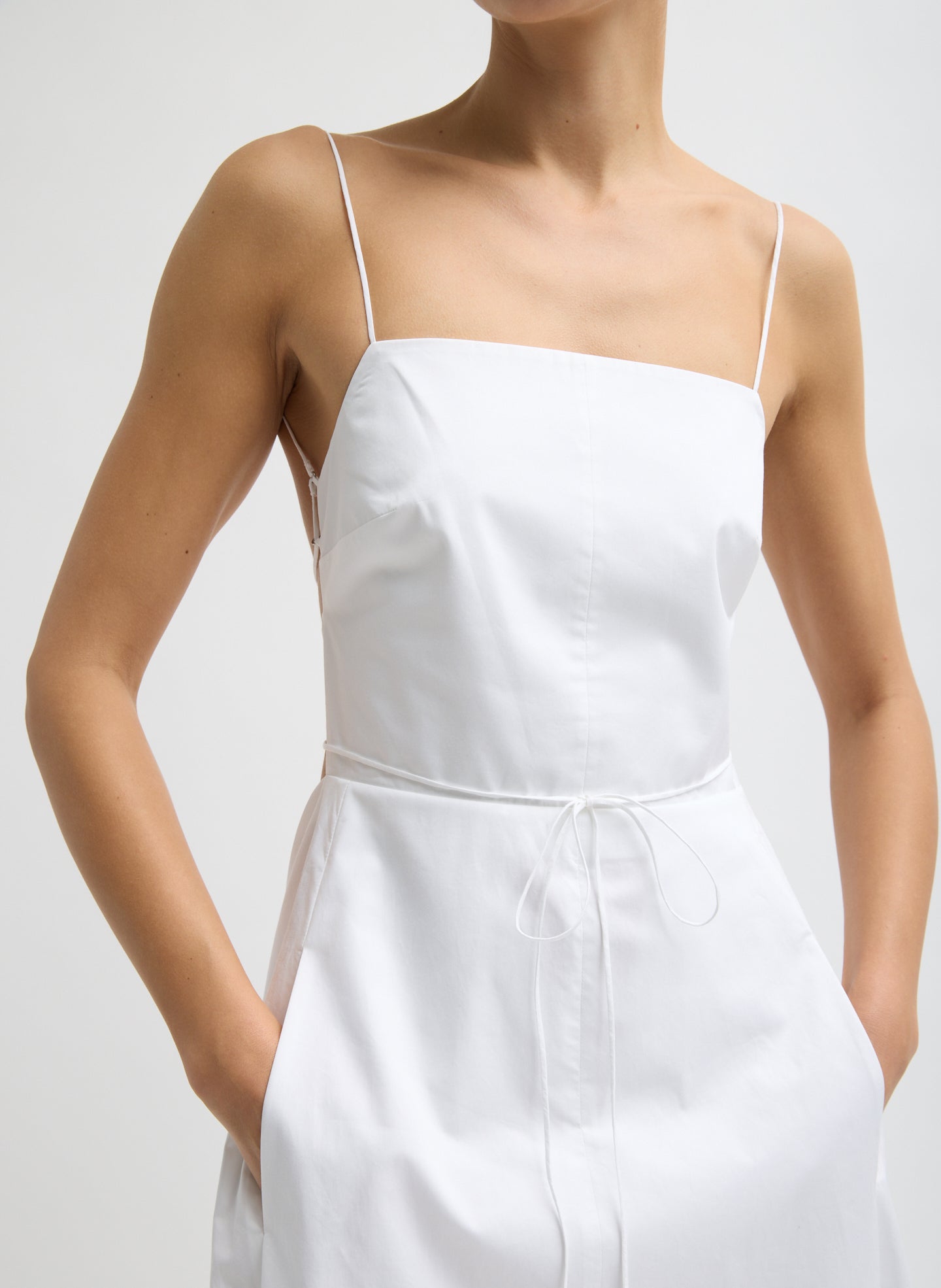 White Eco Poplin Strappy Dress - closeup of neckline