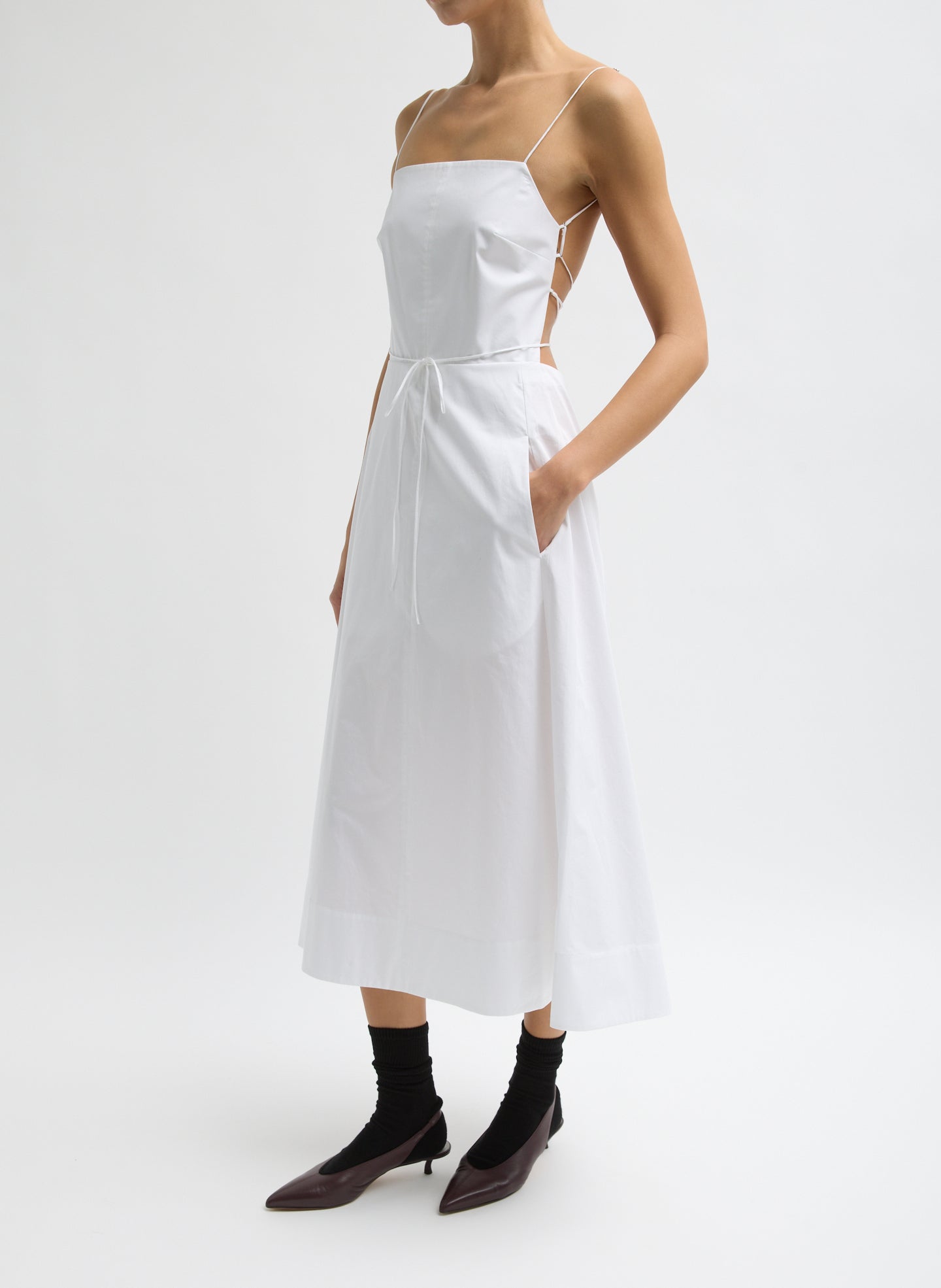 White Eco Poplin Strappy Dress - sleeveless midi dress, side view on model