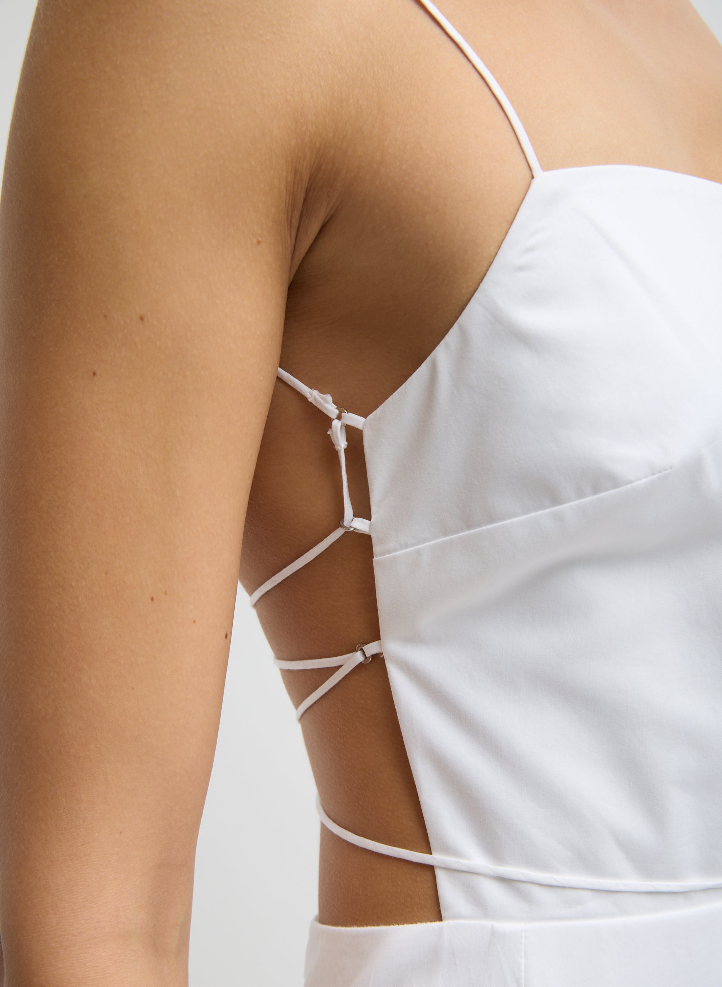 White Eco Poplin Strappy Dress - closeup of side view