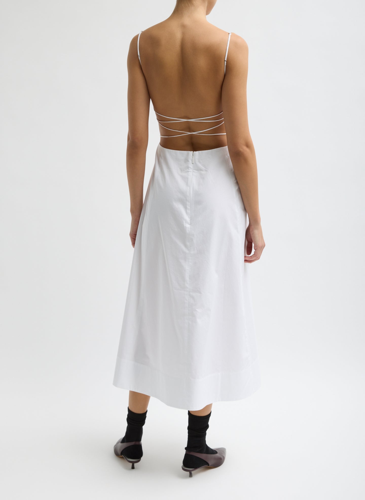 White Eco Poplin Strappy Dress - sleeveless midi dress, back view on model