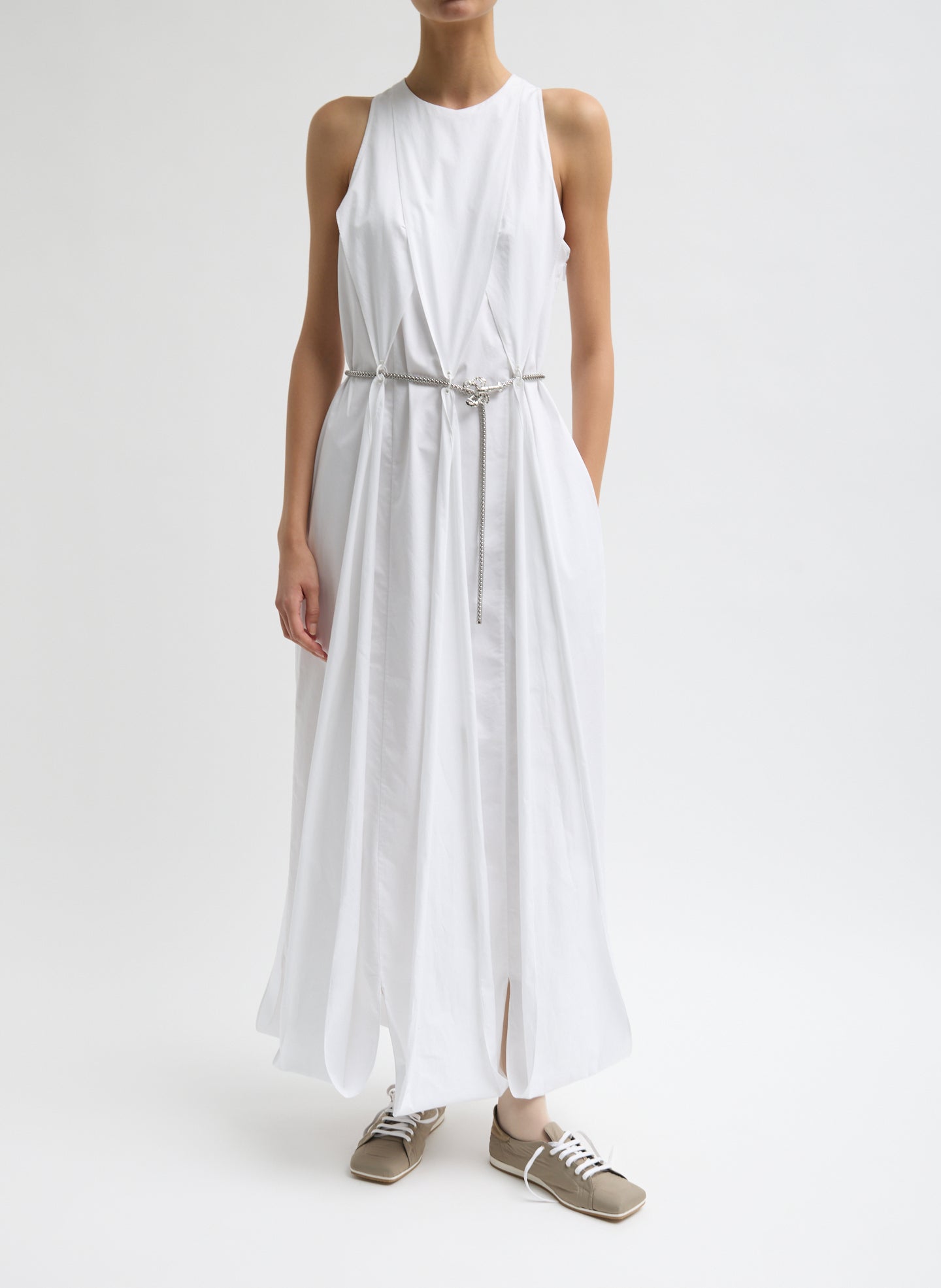 White Eco Poplin Halter Paneled Dress - maxi dress, front view on model