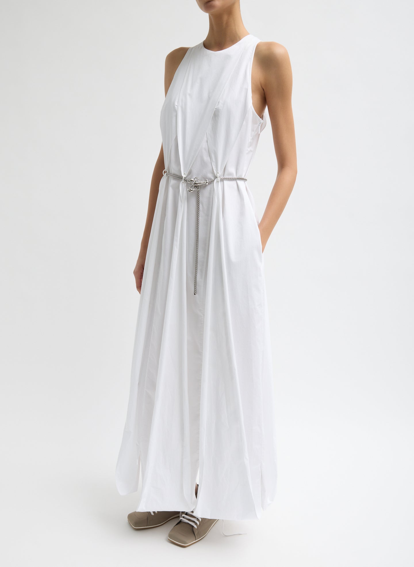 White Eco Poplin Halter Paneled Dress - maxi dress, side view on model
