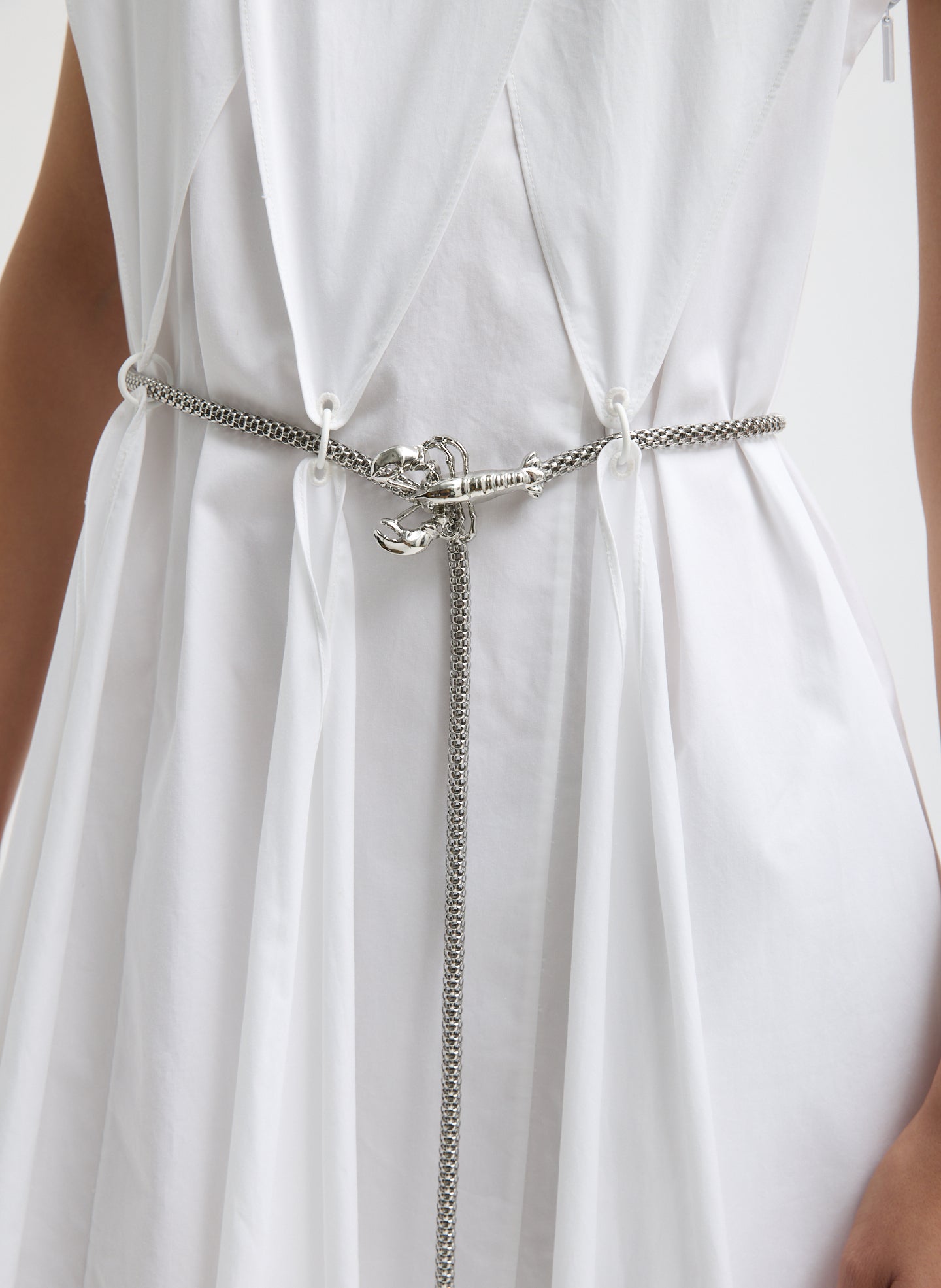 White Eco Poplin Halter Paneled Dress - closeup of belt loop details