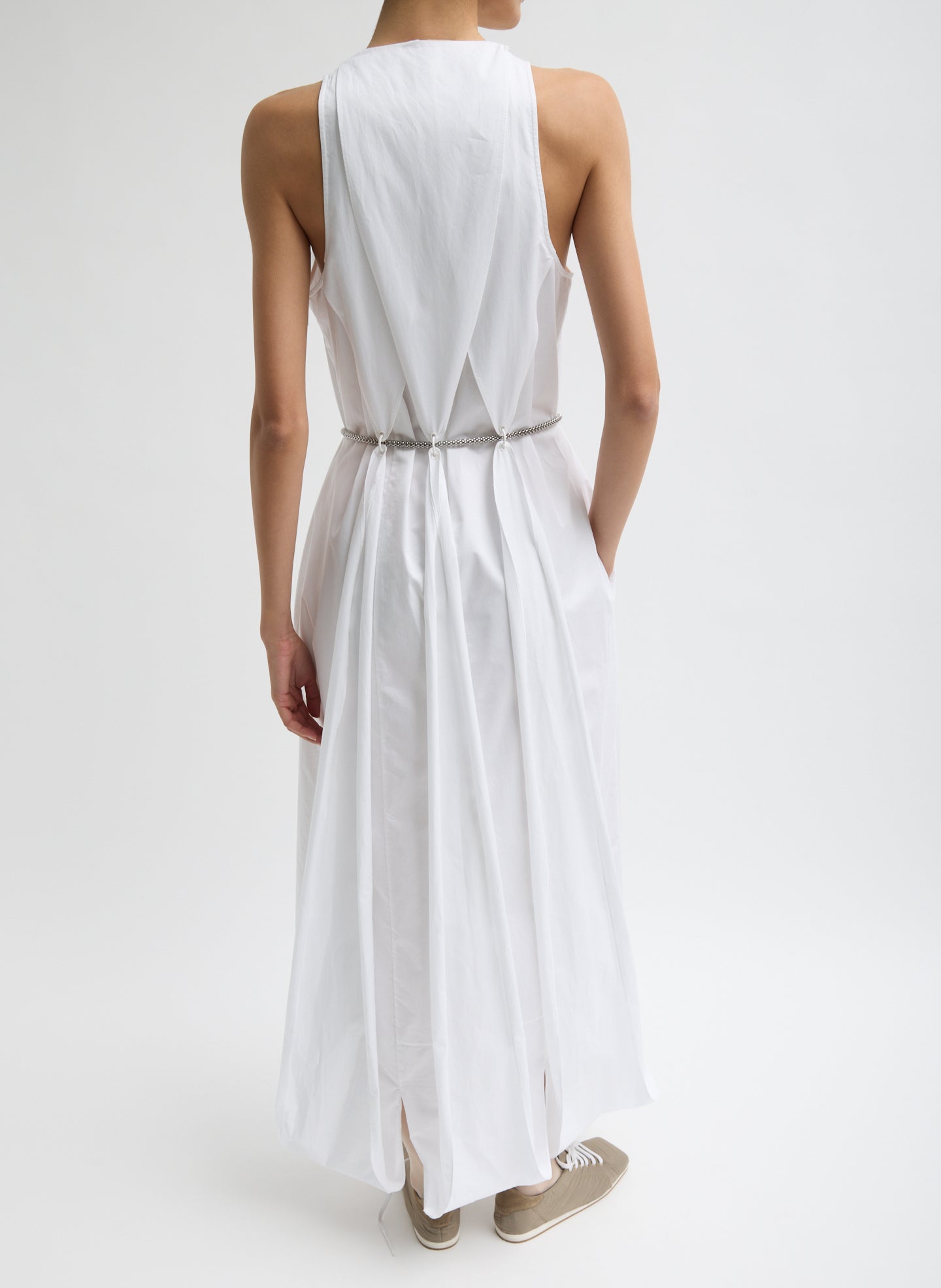 White Eco Poplin Halter Paneled Dress - maxi dress, back view on model