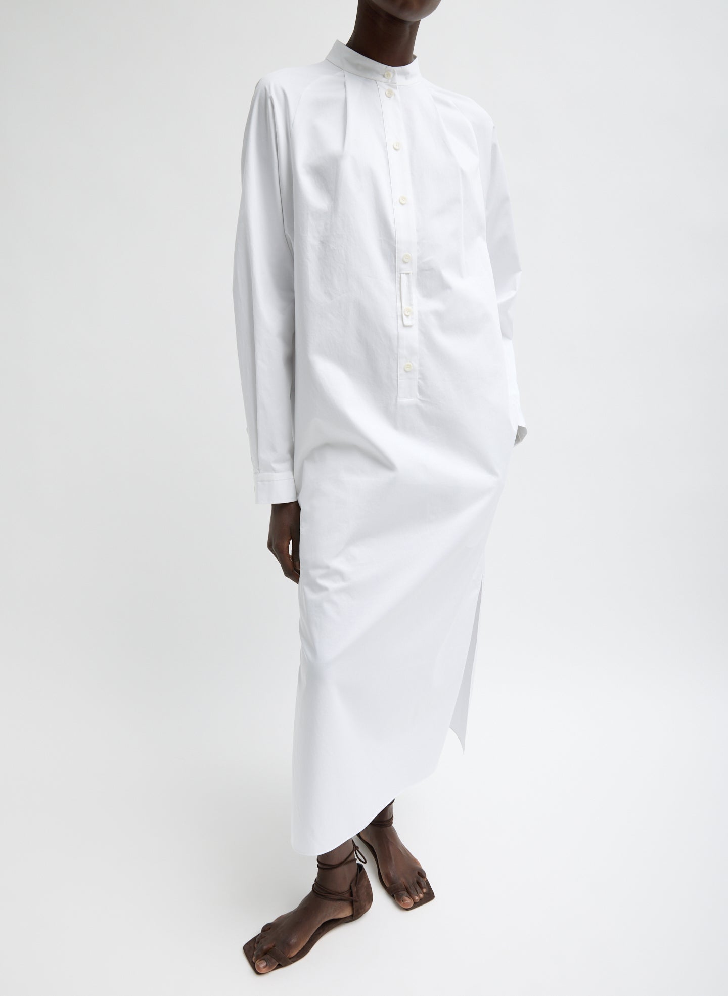 White Eco Poplin Maxi Shirtdress - long sleeve, front view on model