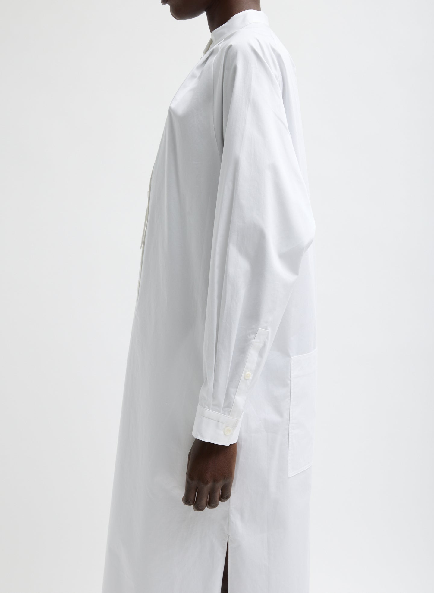 White Eco Poplin Maxi Shirtdress - closeup of side sleeve detail