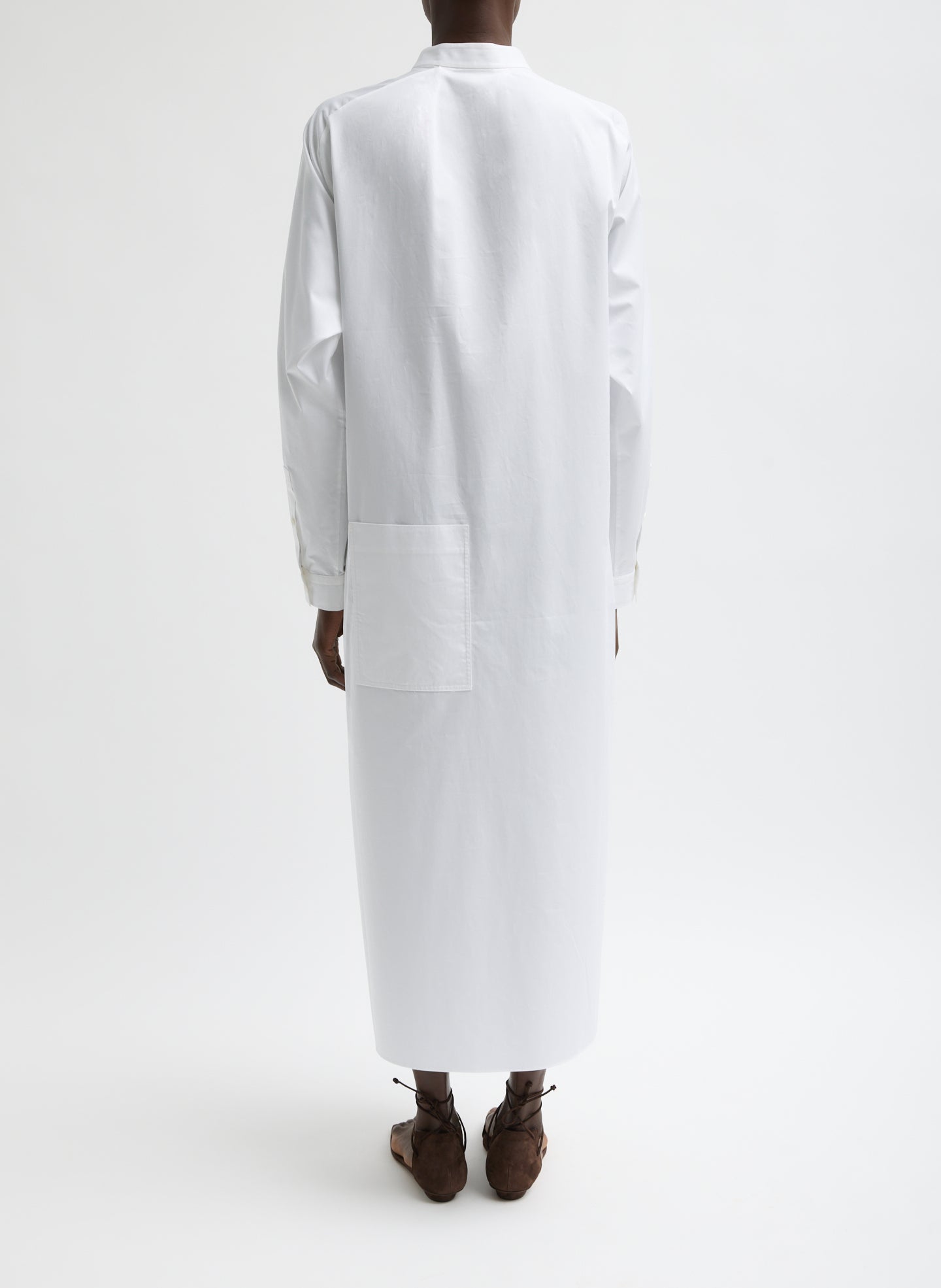 White Eco Poplin Maxi Shirtdress - long sleeve, back view on model