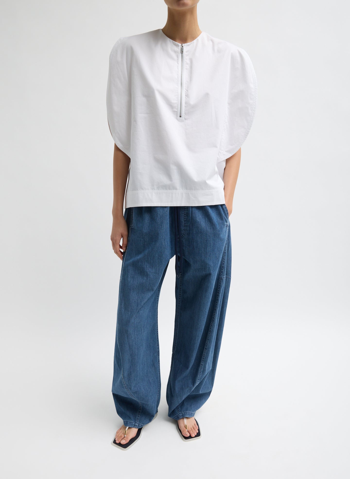 White Eco Poplin Balloon Origami Top - puff sleeve, zip up, front view on model