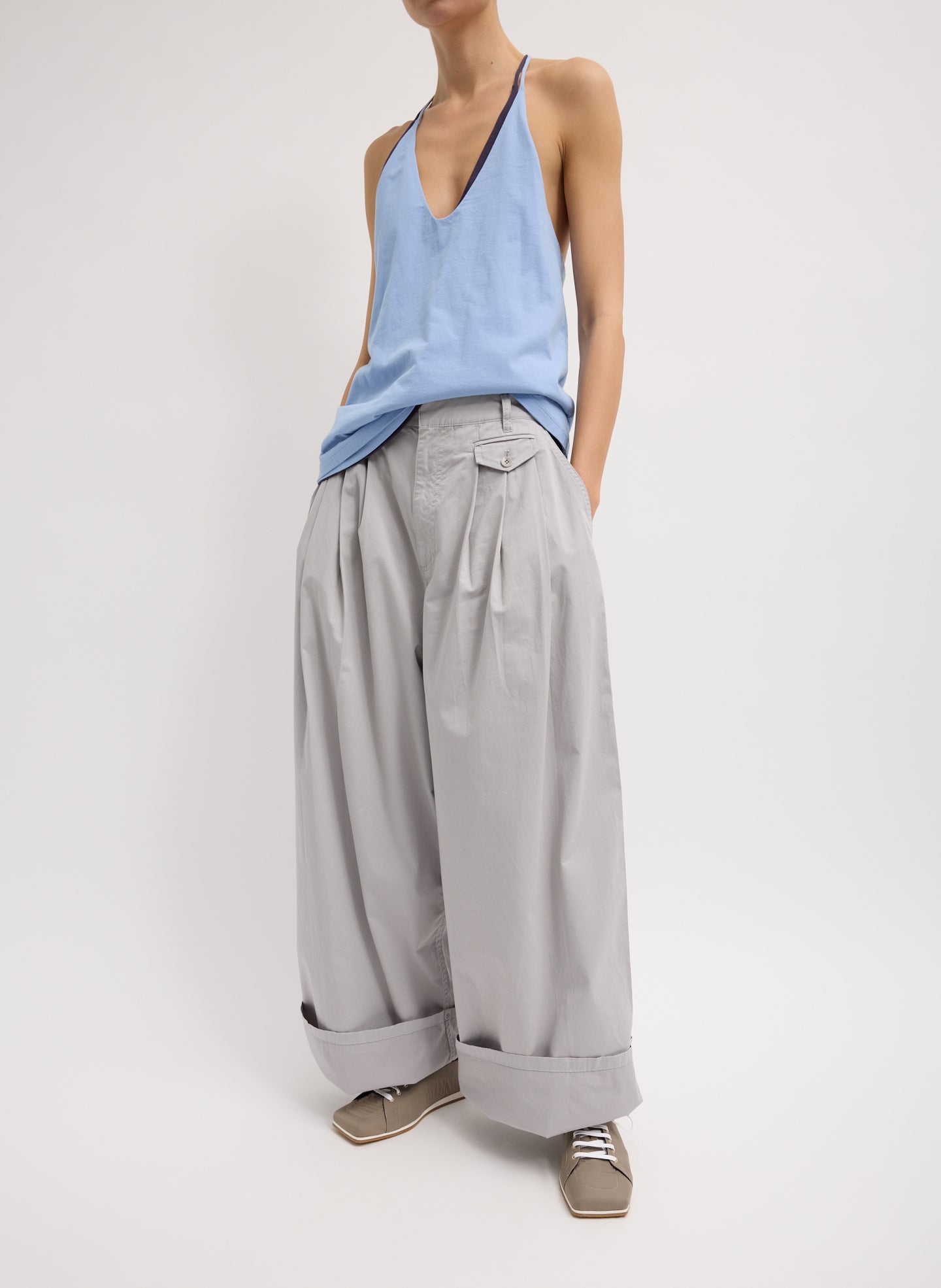 Light Grey Garment Dyed Silky Cotton Triple Pleat Pant - oversized trouser, cuffed, front view on model