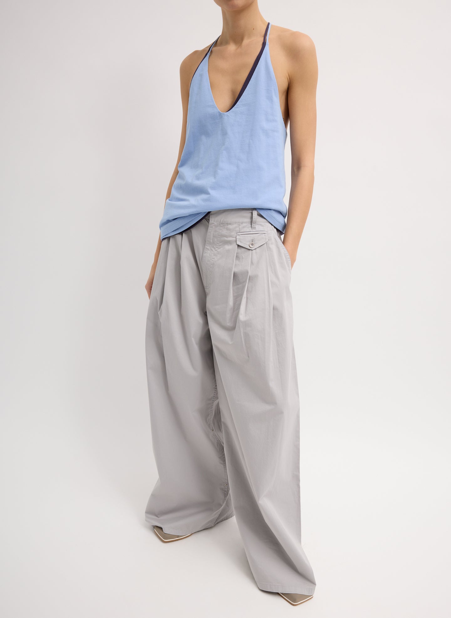 Light Grey Garment Dyed Silky Cotton Triple Pleat Pant - oversized trouser, front view on model