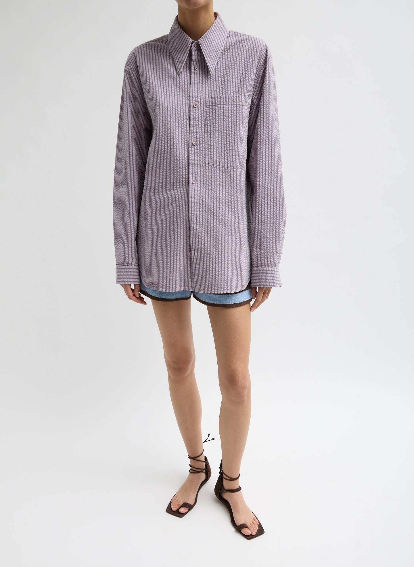 Mauve Striped Garment Dyed Seersucker Classic Shirt - button down, front view on model