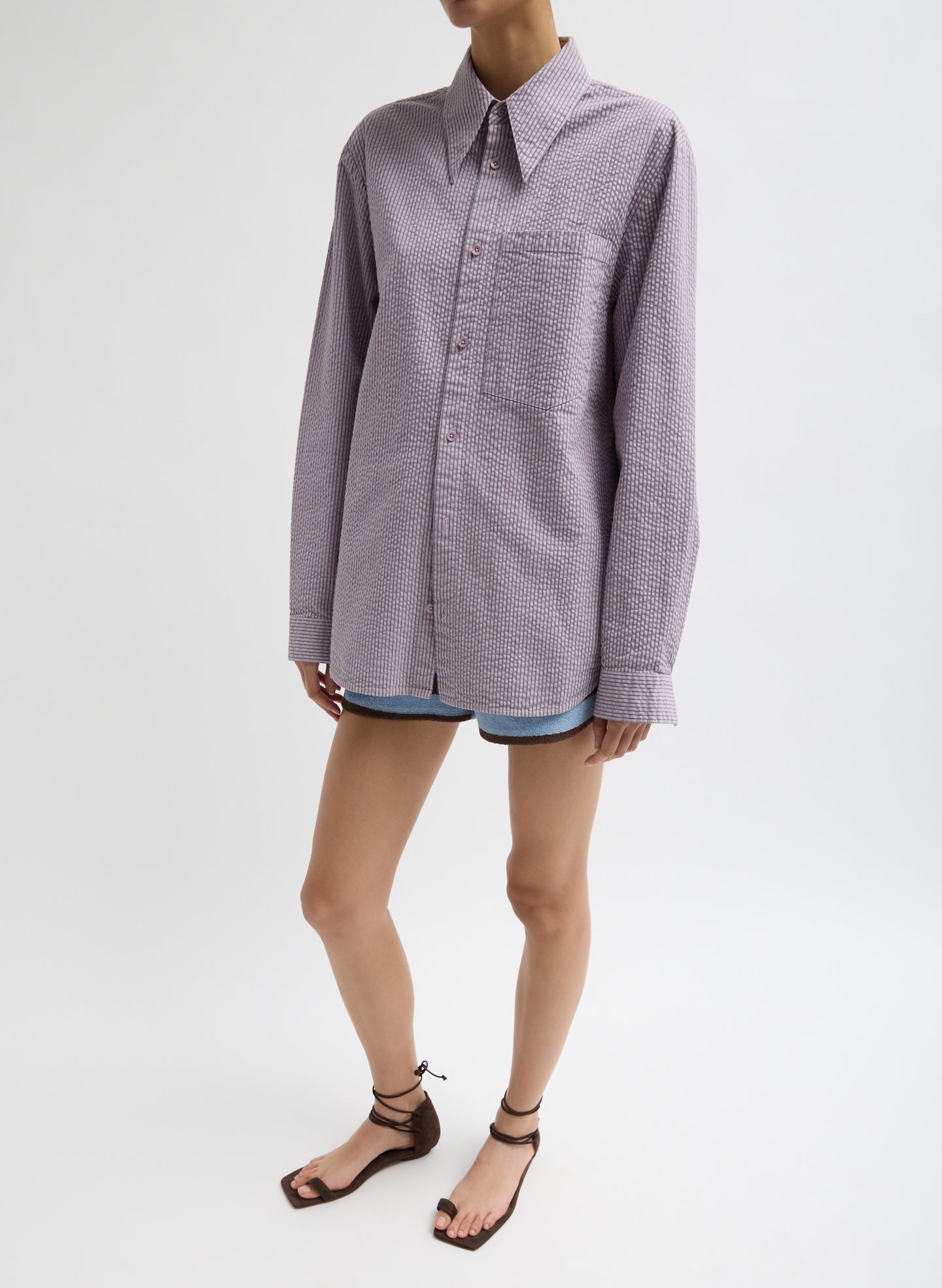 Mauve Striped Garment Dyed Seersucker Classic Shirt - button down, side view on model