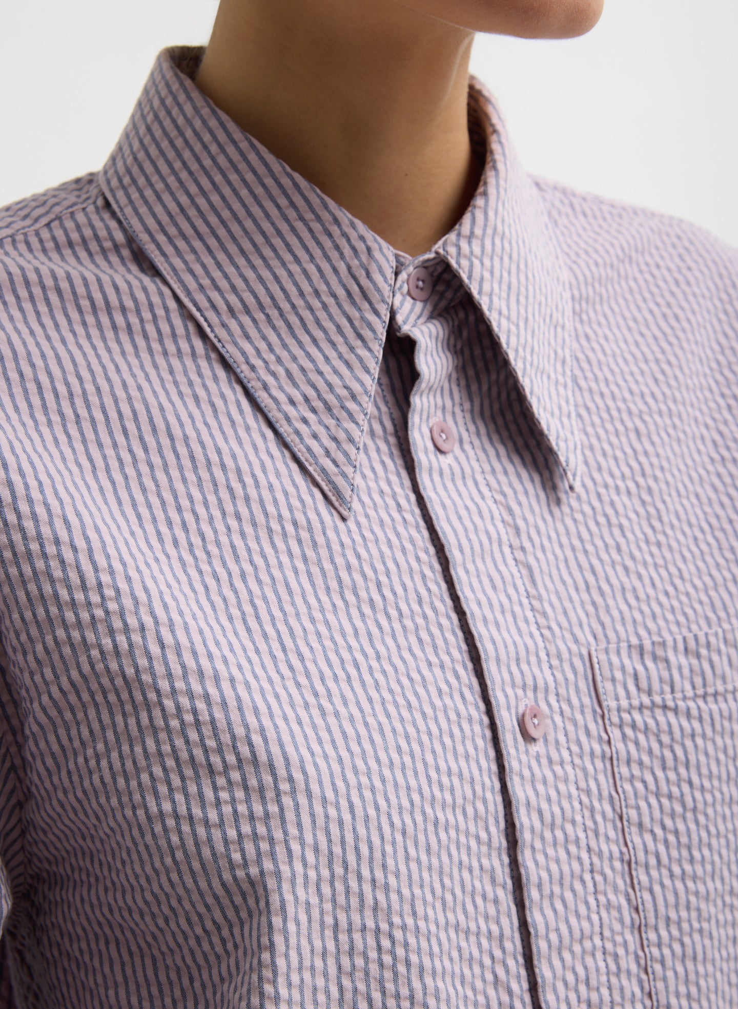 Mauve Striped Garment Dyed Seersucker Classic Shirt - closeup of seersucker fabric and collar detail